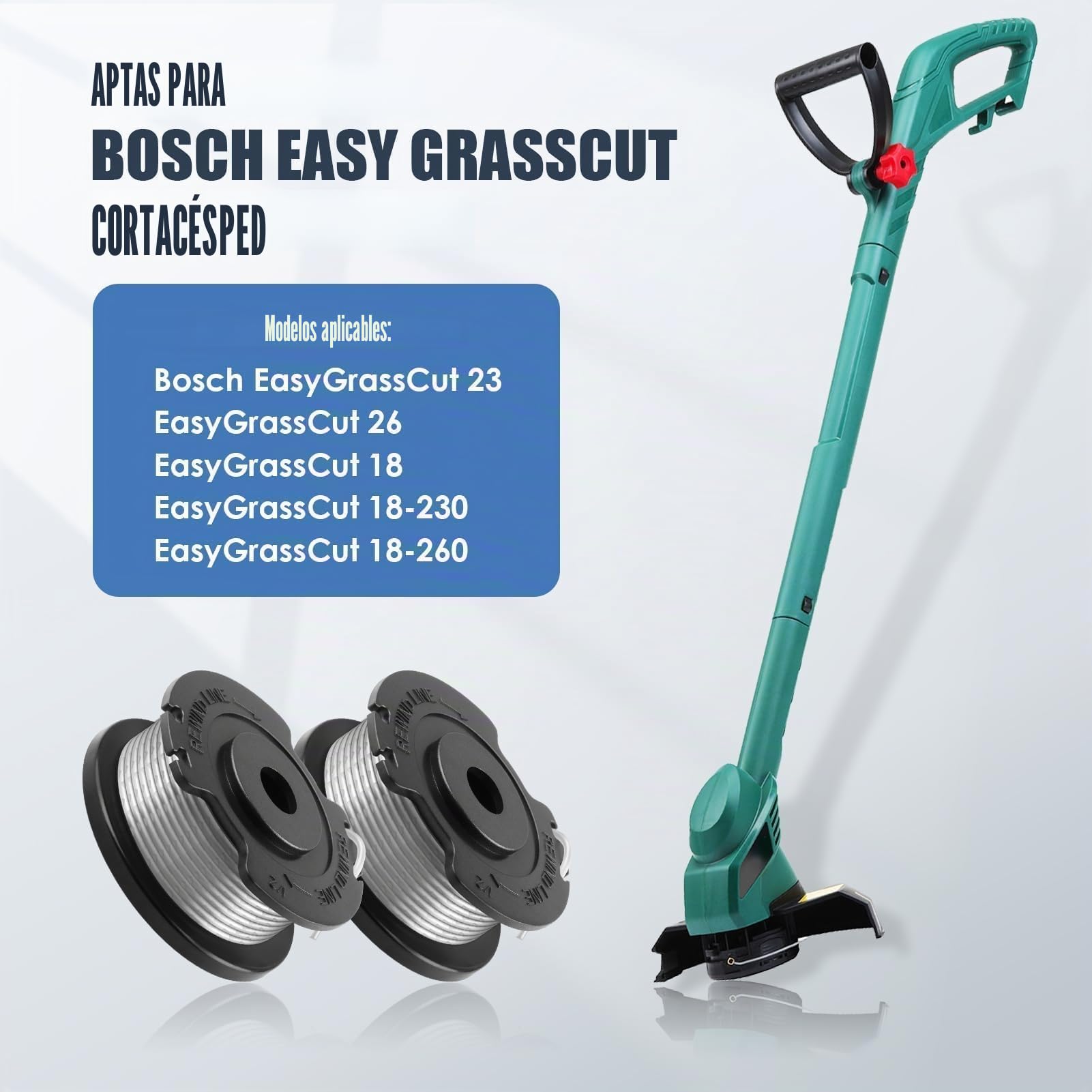Bobina y línea para desbrozadora Bosch,6 pcs bobina de repuesto de recortadora cortabordes para F016800569,1 tapas para F016F05320 compatibles con Bosch EasyGrassCut 18/23/26/18-230/18-260(Ø1.65mm 6m)
