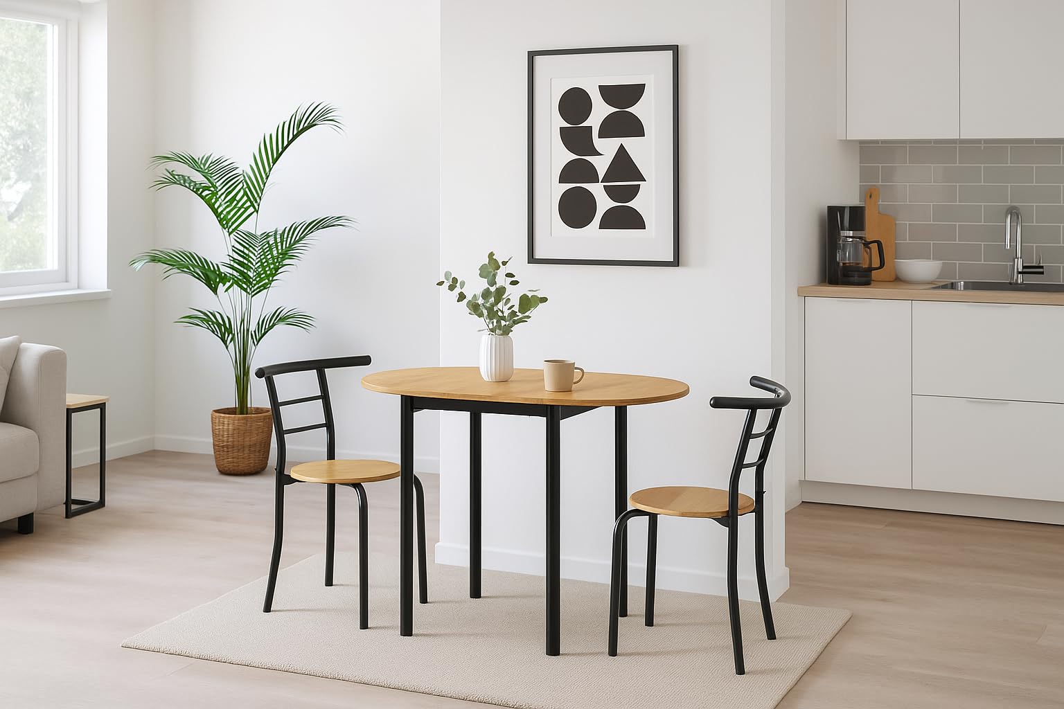 MOMMA HOME Ensemble Table de Cuisine Extensible avec 2 Chaises – Pliable et Compact, Idéal pour la Salle à Manger ou la Cuisine, Modèle Leva (Noir/Chêne)