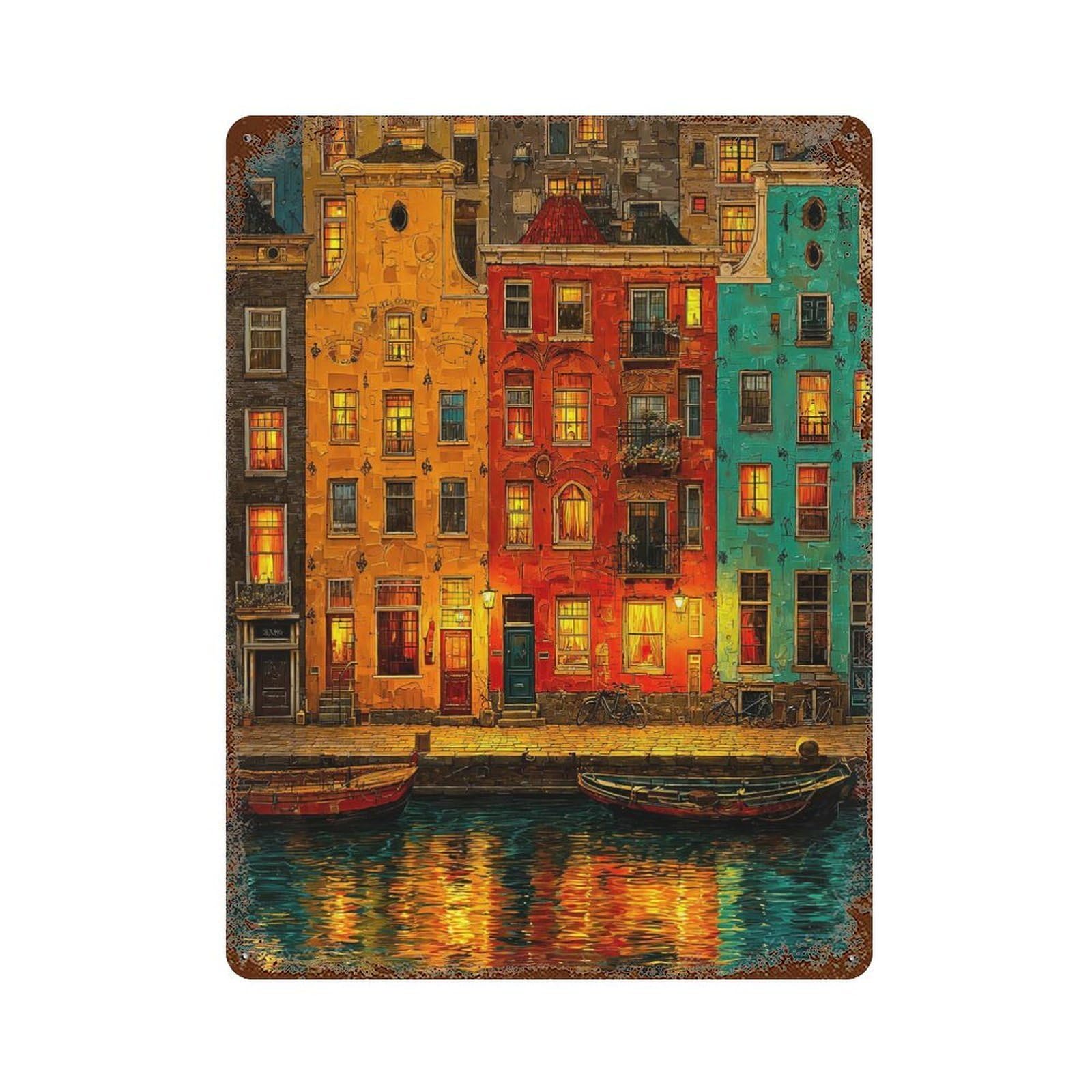 Colorful Amsterdam Canal Houses at Night 15.7"x11.8" Aged Metal Wall Plaque, Classic Wall Plaque for Pub, Kitchen And Man Cave Decor
