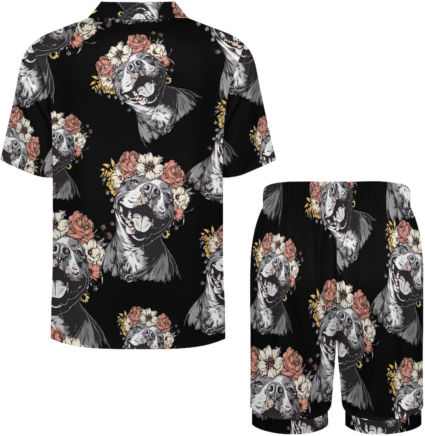 Pit Bull Dog with Head Wreath Men's Short Sleeve Pajama Set Satin Silk Like Lounge Sleepwear