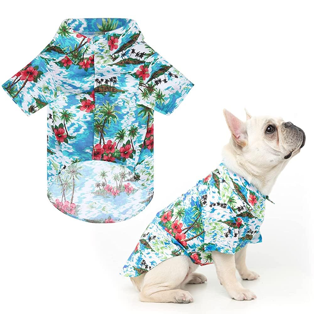 EXPAWLORER Dog Hawaiian Shirt - Dog Summer Clothes, Breathable Polo T-Shirts with Floral and Sea Island Pattern,Puppy Outfit,Shirt for Small Medium