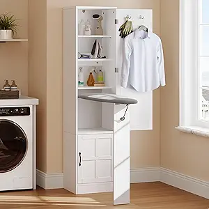 DWVO Storage Cabinet with Ironing Board, Flip-top Ironing Board Cabinet with Storage, Adjustable Shelves, Ironing Supplies Organizer for Laundry, Bedroom