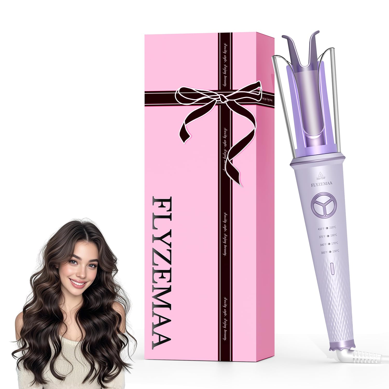 Rizador de Pelo Automático Cerámico de 25mm para Cabello Largo, 4 Temperaturas Ajustables, Protección Anti-Quemaduras, Calentamiento Rápido, Doble Voltaje Portátil