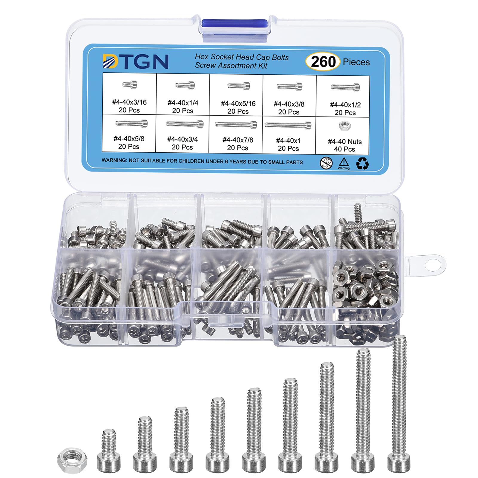 DTGN 260Pcs #4-40 Bolts and Nuts Kit, #4-40 Screw Assortment, 304