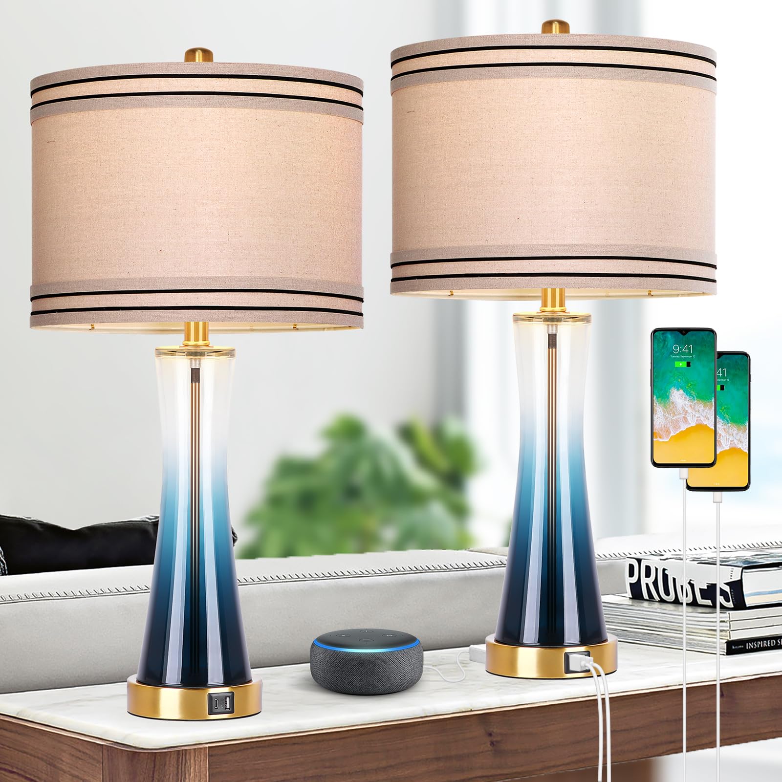 27.4''Table Lamps for Living Room Set of 2，3-Way Dimmable Modern Glass Bedside Lamps with USB Ports，Tall Lamps for Night Stands，Touch End Table Lamps for Bedroom Desk Lamps for Home Office（Blue）
