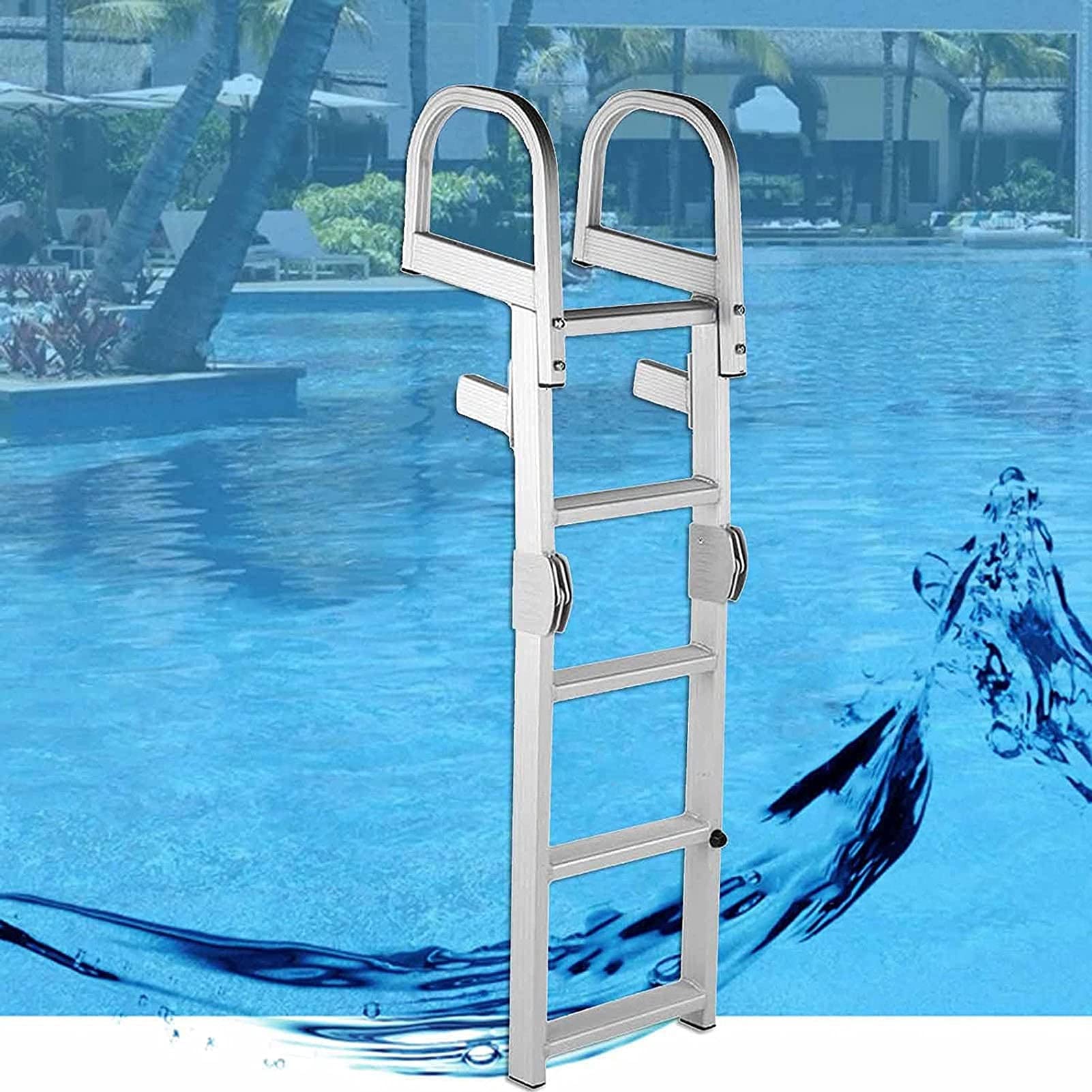 5 Steps Pontoon Boat Ladder, Stainless Steel Folding Telescoping Rear Entry Inboard Ladder, Swim Deck Ladder with Hander and Extra Wide Steps