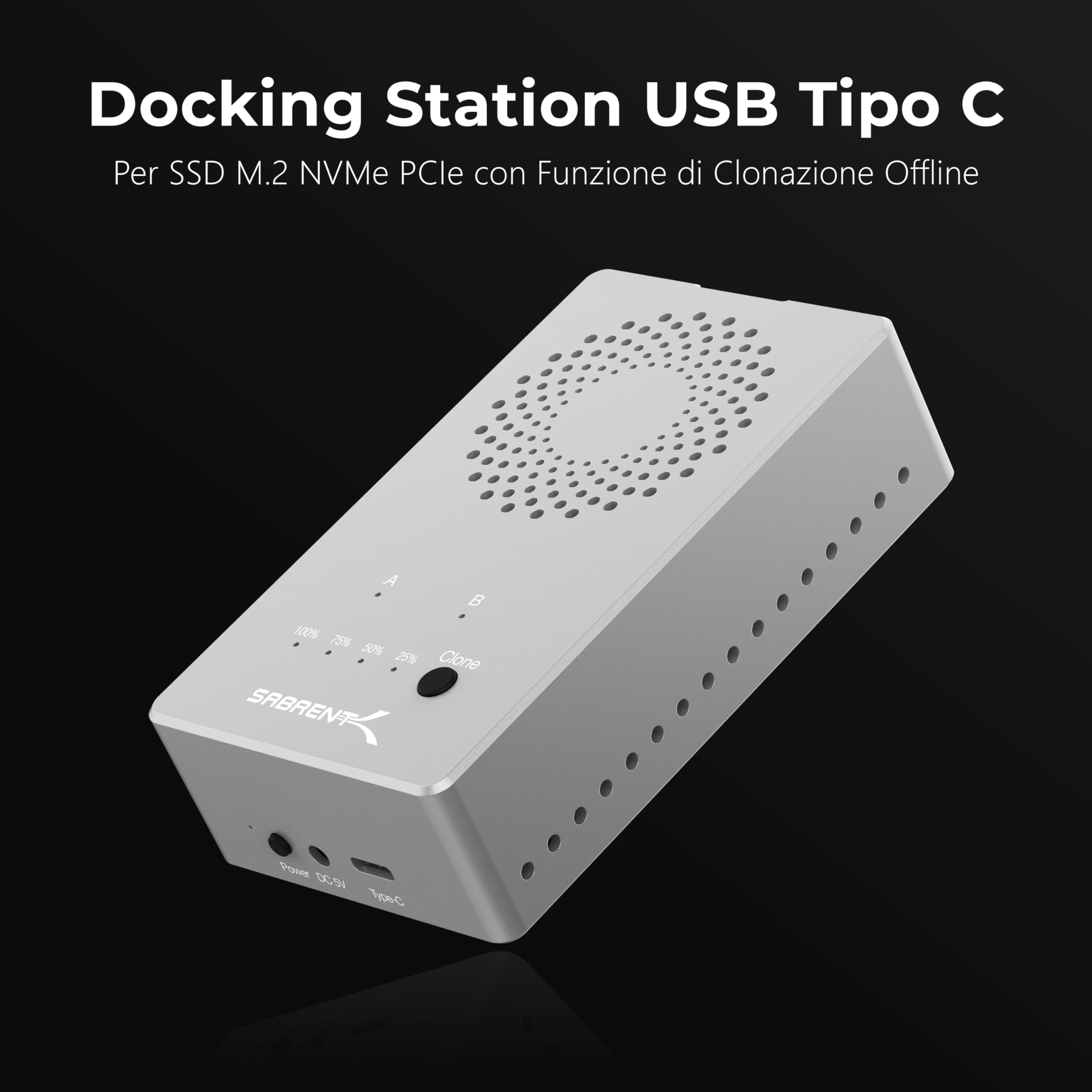 SABRENT Docking Station SSD M.2 NVMe PCIe a USB C e USB 3.0, 2 slot per SSD, con alimentatore, per SSD SATA con misure 2230/2242/2260/2280, con funzione Duplicatore/Clonatore offline (EC-SSD2)
