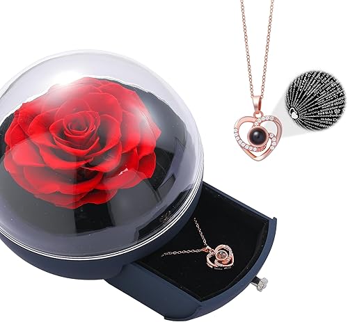 kese Rosa real preservada con 100 idiomas collar con texto en inglés I Love You regalo hecho a mano con flores encantadas para ella en cumpleaños
