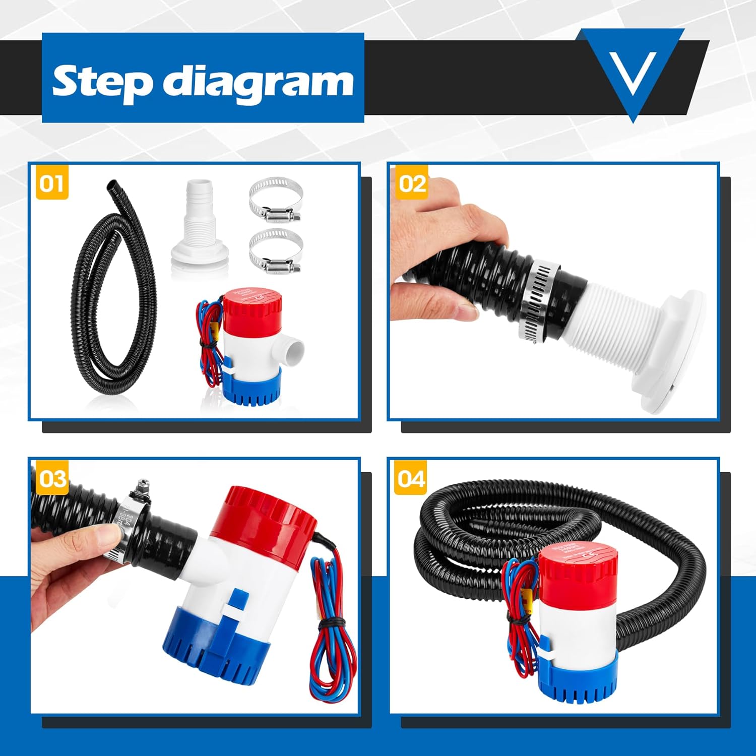 Non-automatic 0.98 Inch Bilge Pump kit for Boats, 12V 1100GPH Bilge Pumps with 6 ft/1.8 meters Bilge Pump Hose, 2pcs Stainless Steel Clamps and Thru Hull Fitting, for Speedboats,Yachts