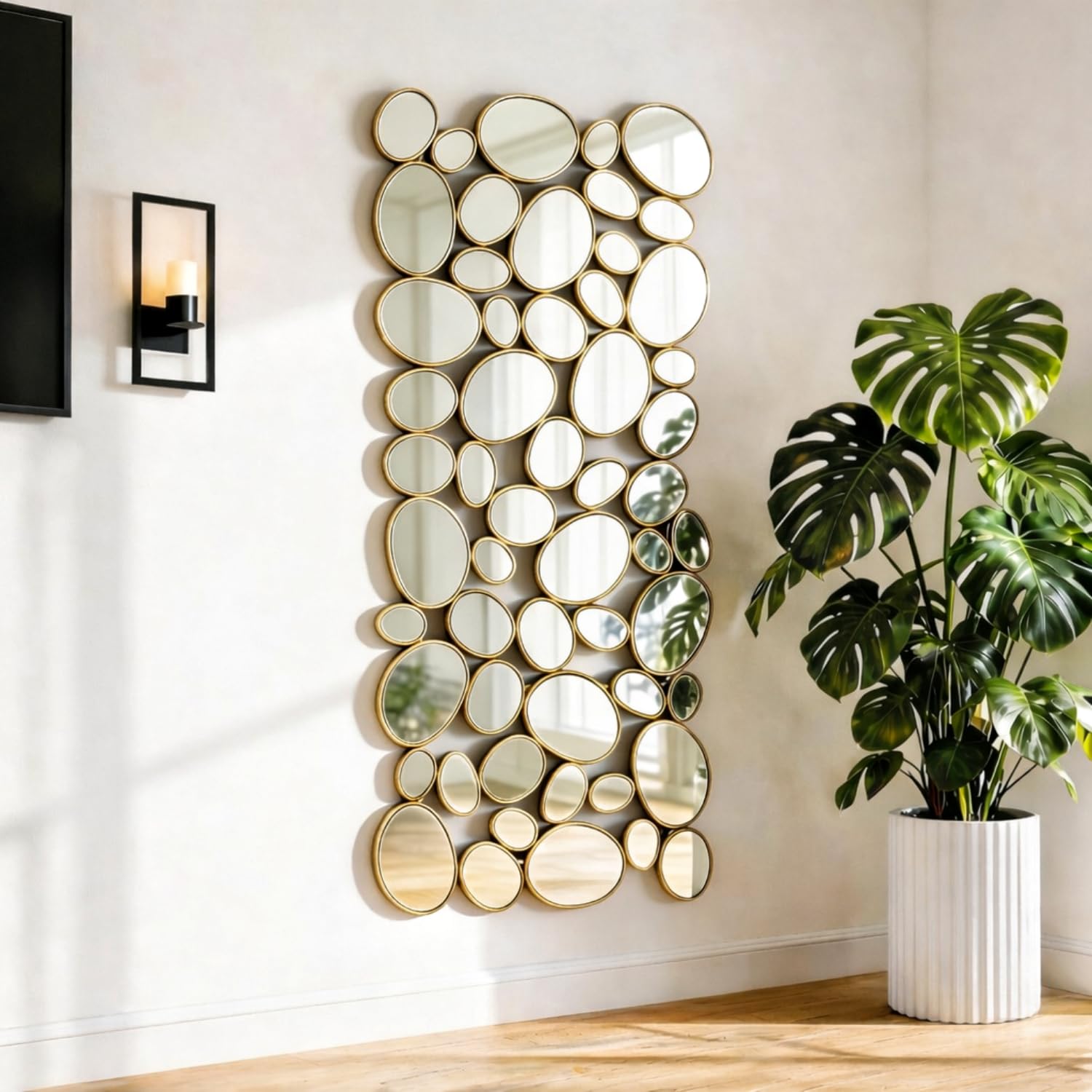 Gold Wall Mirrors Decorative - 51"x23" Large Modern Wall Mirror for Home Decor, 55 Pieces Multi-Size Pebble Design Metal Framed Accent Mirror for Entryway Bedroom Living Room Wall Art Decor