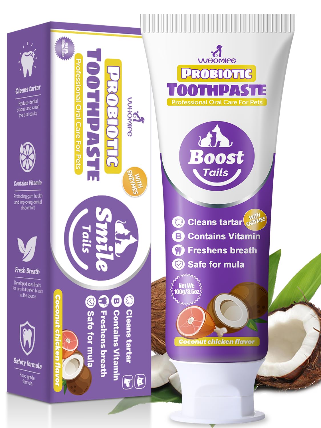 Natural Coconut Oil Cat & Dog Toothpaste.Enzymatic & Probiotic Formula with VitaminB. Gently Reduces Plaque, Tartar & Bad Breath. SGS Certified – Passed 43 Safety Tests. 3.52oz–Coconut Chicken Flavor