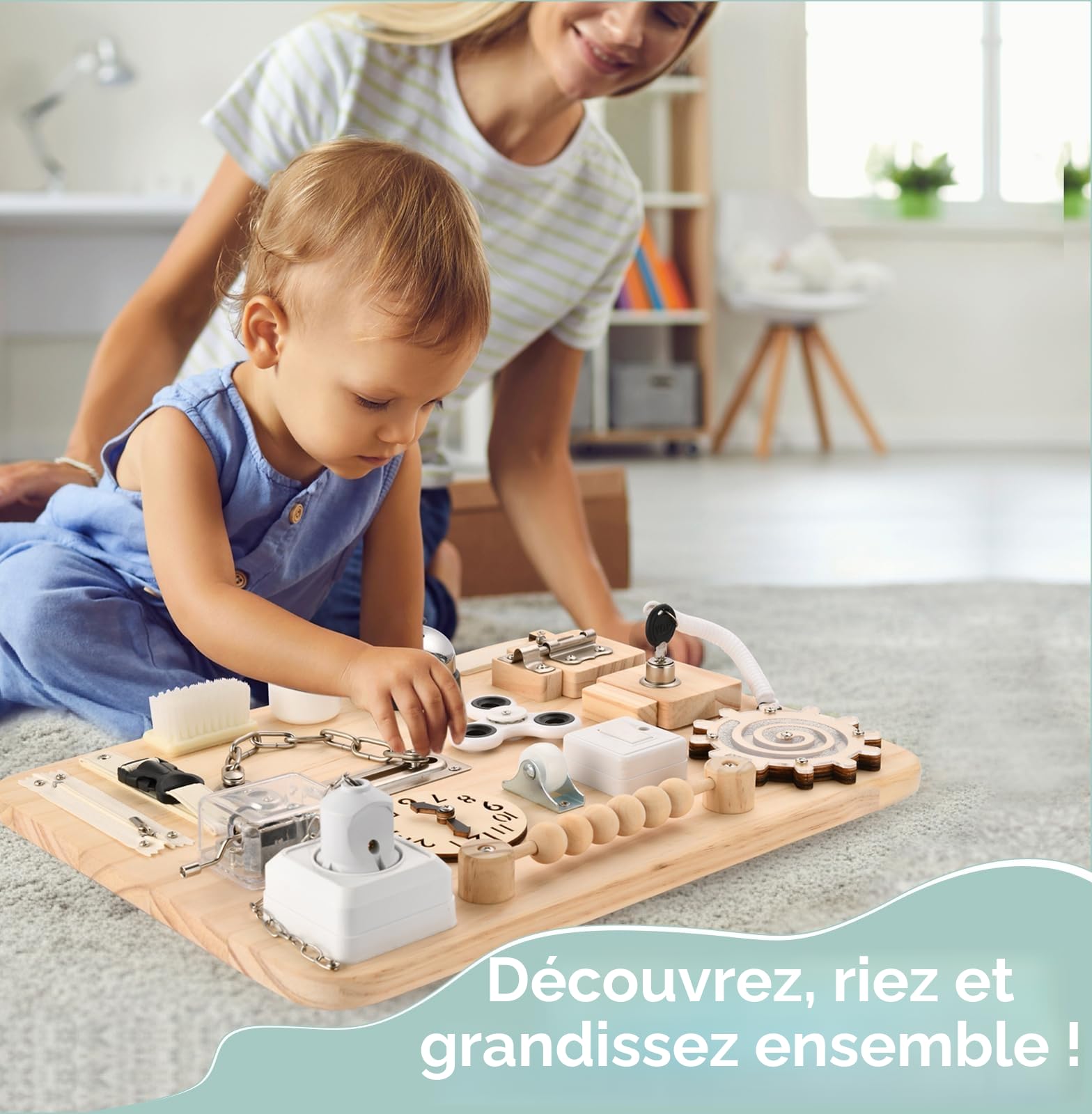 Potatomato Grande planche d'activités pour tout-petits - Jouets sensoriels en bois Montessori pour enfants de 1 2 3 4 ans - Jouets fidget pour enfants autistes - Activités d'apprentissage préscolaire
