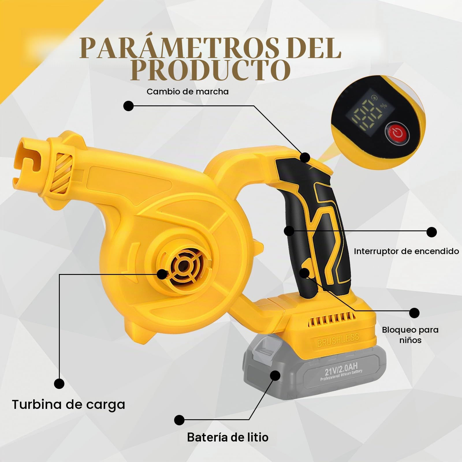 WingFly Soplador de Hojas Compatible con Dewalt 18V, 20V Batería | Velocidad de Aire 90 m/s, Ajustable Velocidades para Limpiar Hojas, Eliminar el Polvo, Sin Cargador/Batería