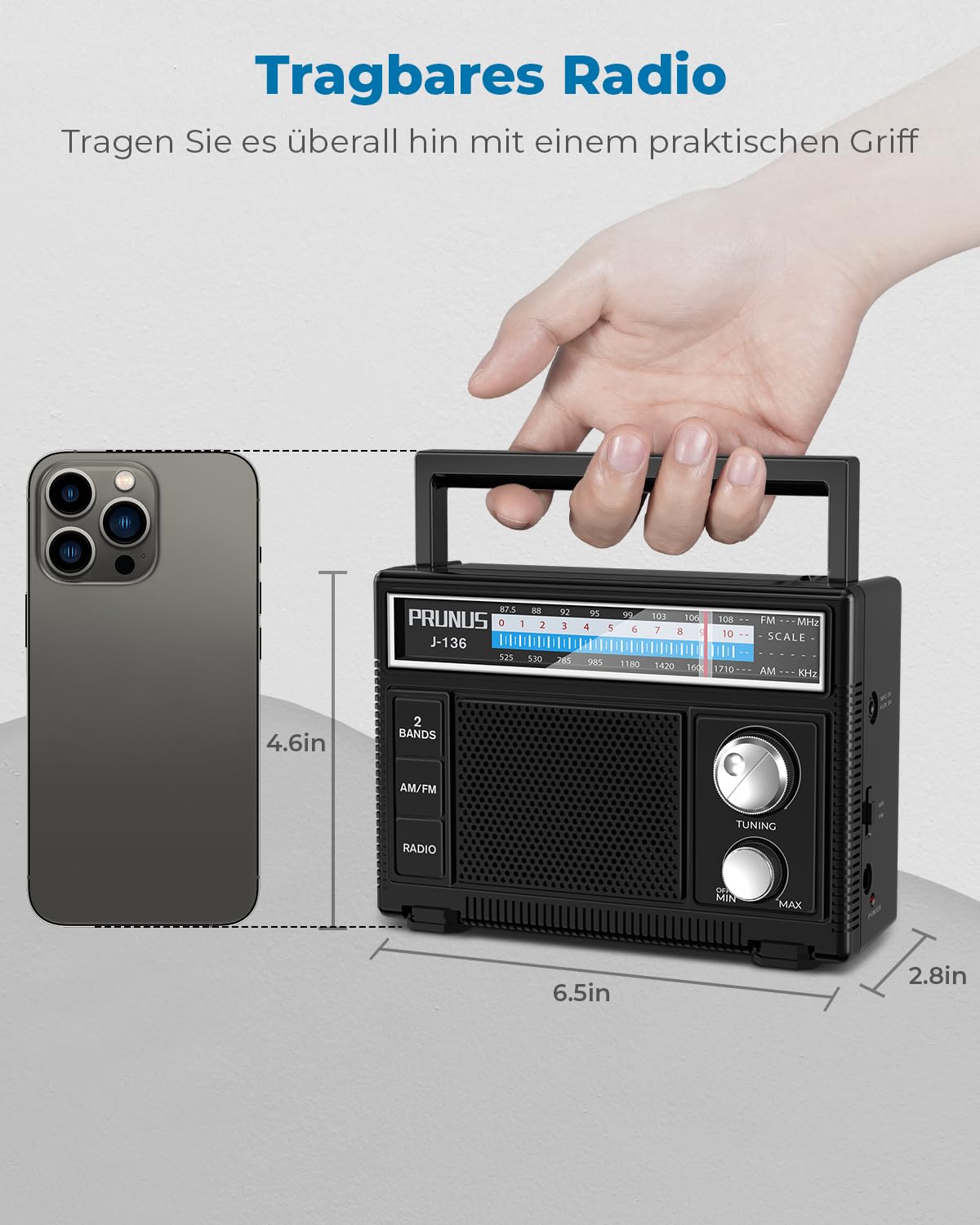 PRUNUS J-136 AM FM UKW Radio Klein, Tragbares Radio Batteriebetrieben oder AC-Strom, Kofferradio mit AUX/Mikrofonanschluss; Einfaches Radios für Senioren.