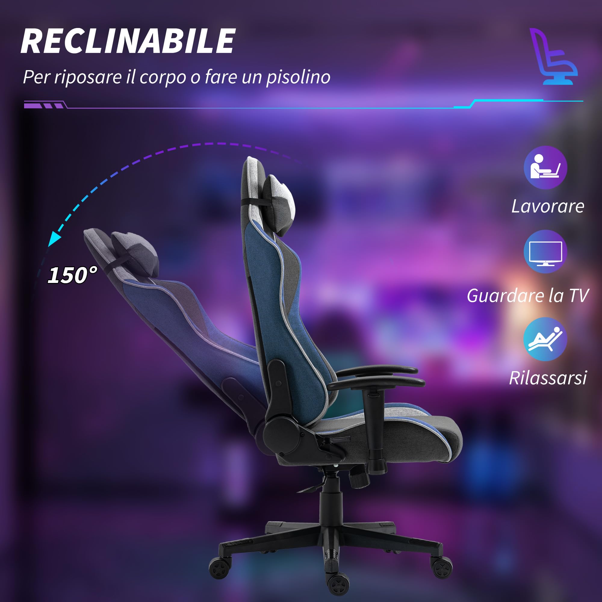 Vinsetto Sedia da Gaming Ergonomica, Poggiatesta e Altezza Regolabile, Blu | Braccioli, Poltrona Gaming Ufficio Reclinabile, Tessuto Effetto Lino, Funzione Dondolo, Supporto Lombare