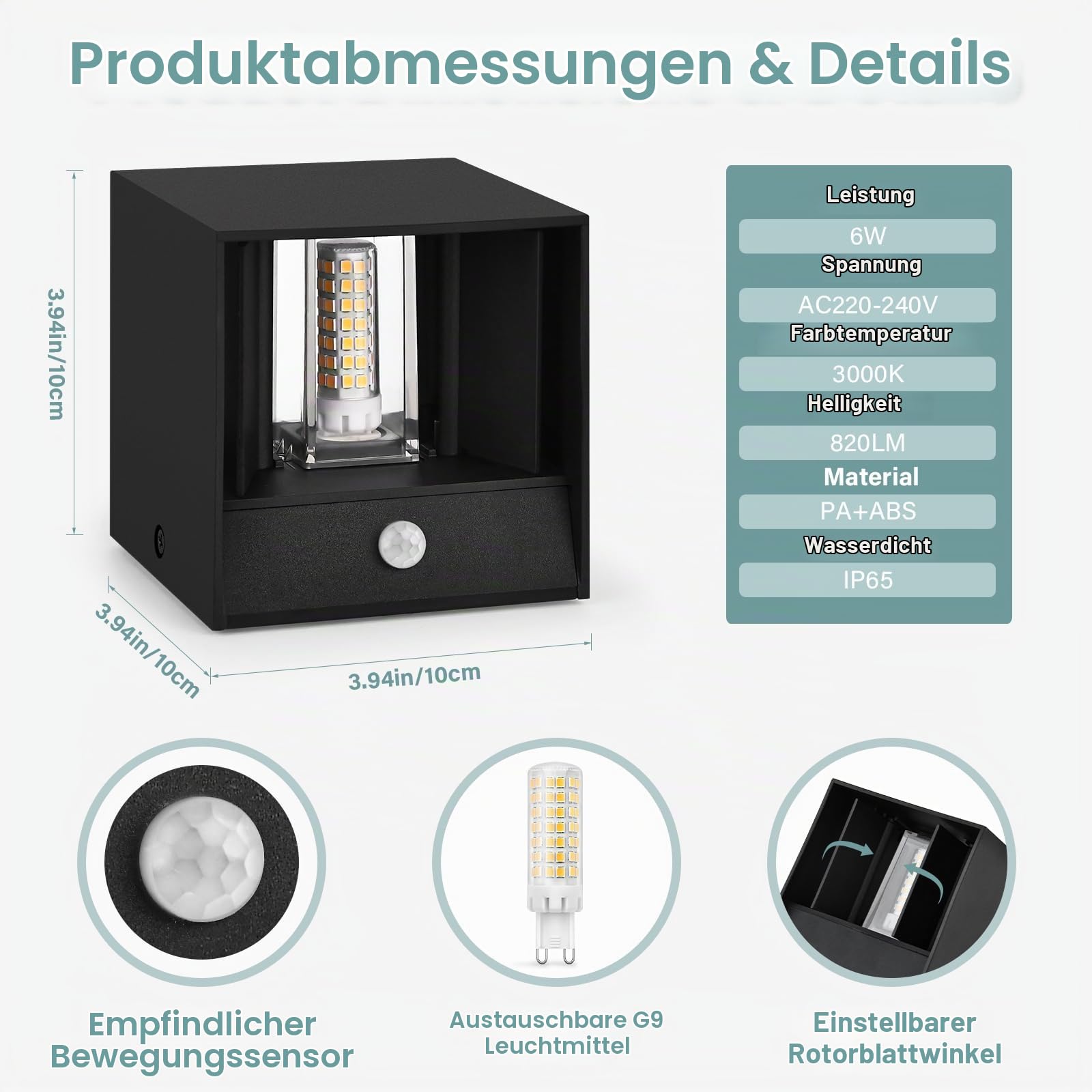 YindaLux LED Aussenlampe mit Bewegungsmelder, mit G9 LED, Schwarz, 2 Stück