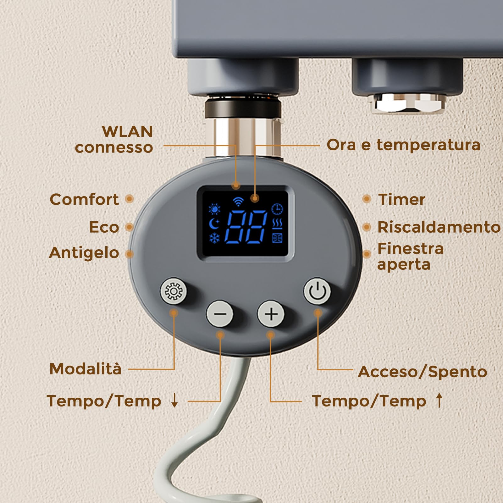 Elemento riscaldante radiatore bagno 1200W WiFi intelligente, elemento riscaldante con termostato, con timer e display LCD, resistenza elettrica per scaldasalviette, Antracite