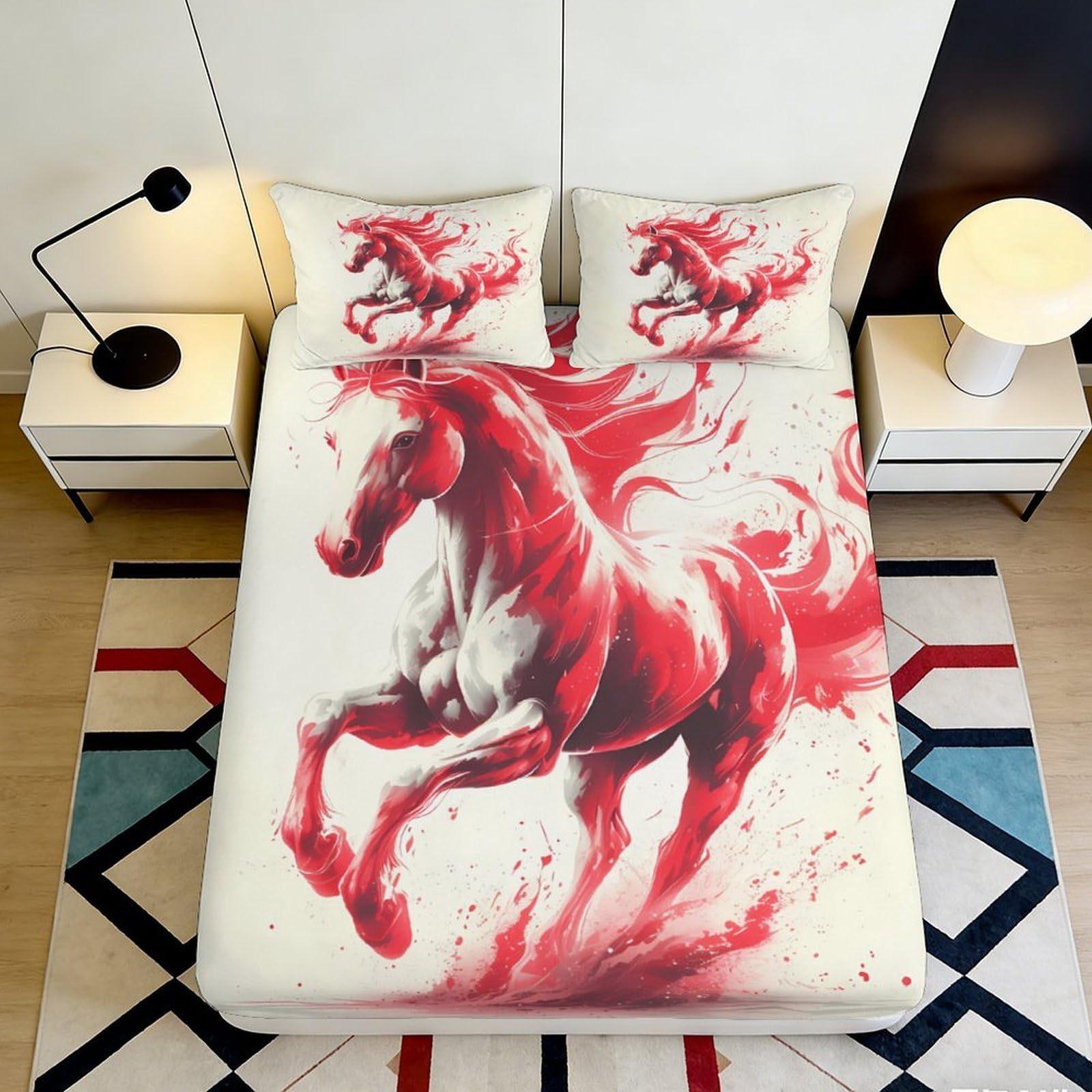 3D Printed Red Horse Art Fitted Sheet Microfiber Soft Mattress Cover for Bedroom Dorm Decorative All Ages 90x200x25cm