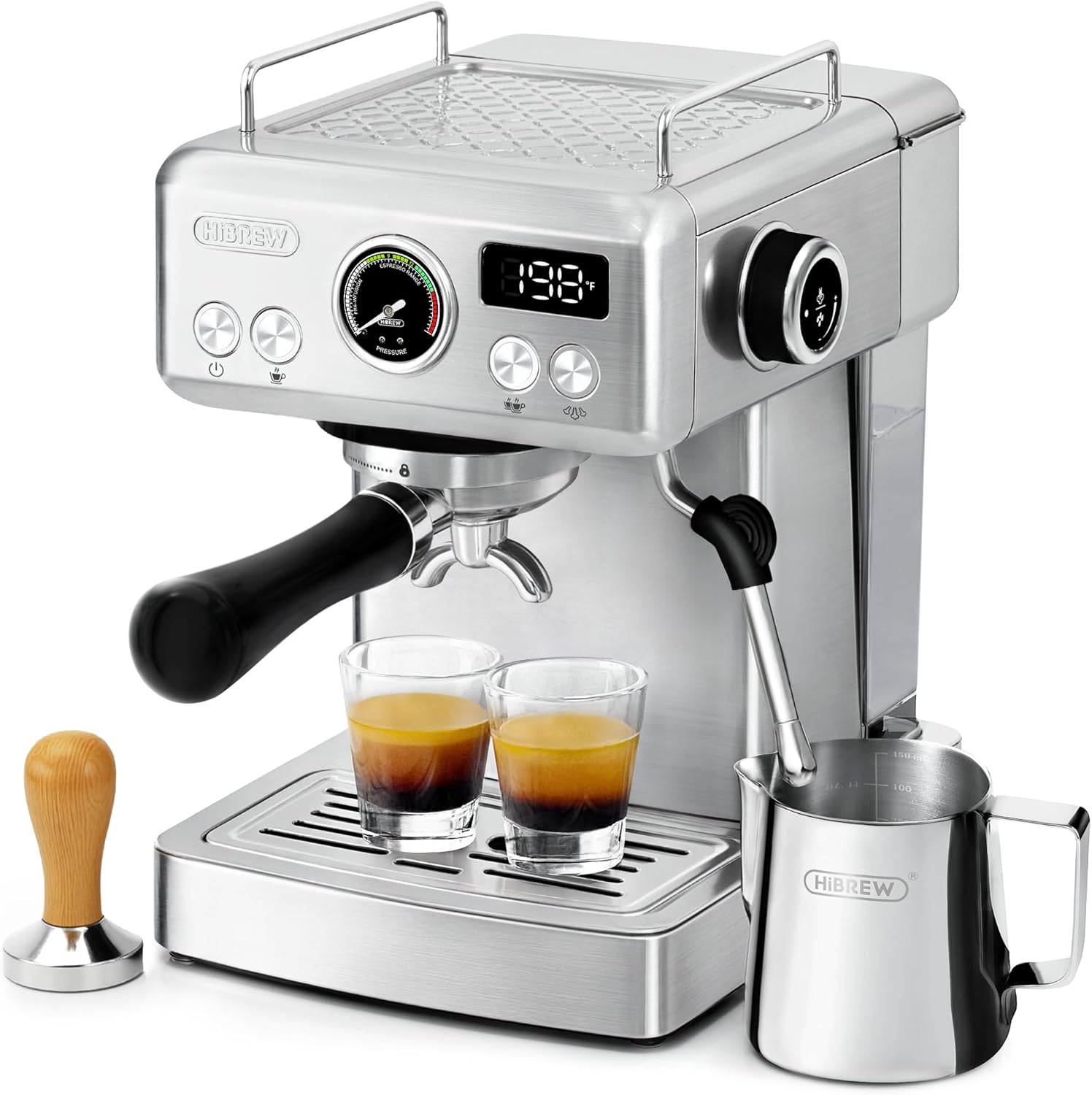 HIBREW H10A - 58mm Espresso Machine, Stainless Steel Body with Milk Frother, Customizable Settings, Smart Display + 20 Bar Pressure Gauge. Silver