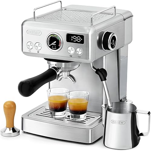 HIBREW H10A - 58mm Espresso Machine, Stainless Steel Body with Milk Frother, Customizable Settings, Smart Display + 20 Bar Pressure Gauge.