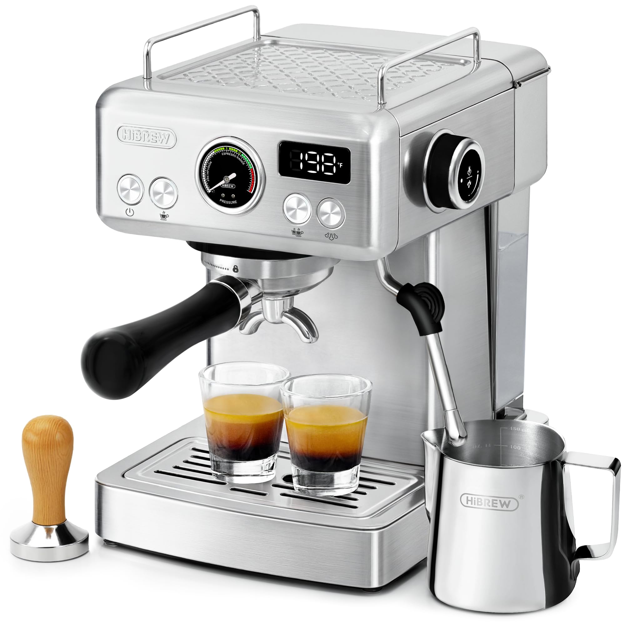 HIBREW H10A - 58mm Espresso Machine, Stainless Steel Body with Milk Frother, Customizable Settings, Smart Display + 20 Bar Pressure Gauge.