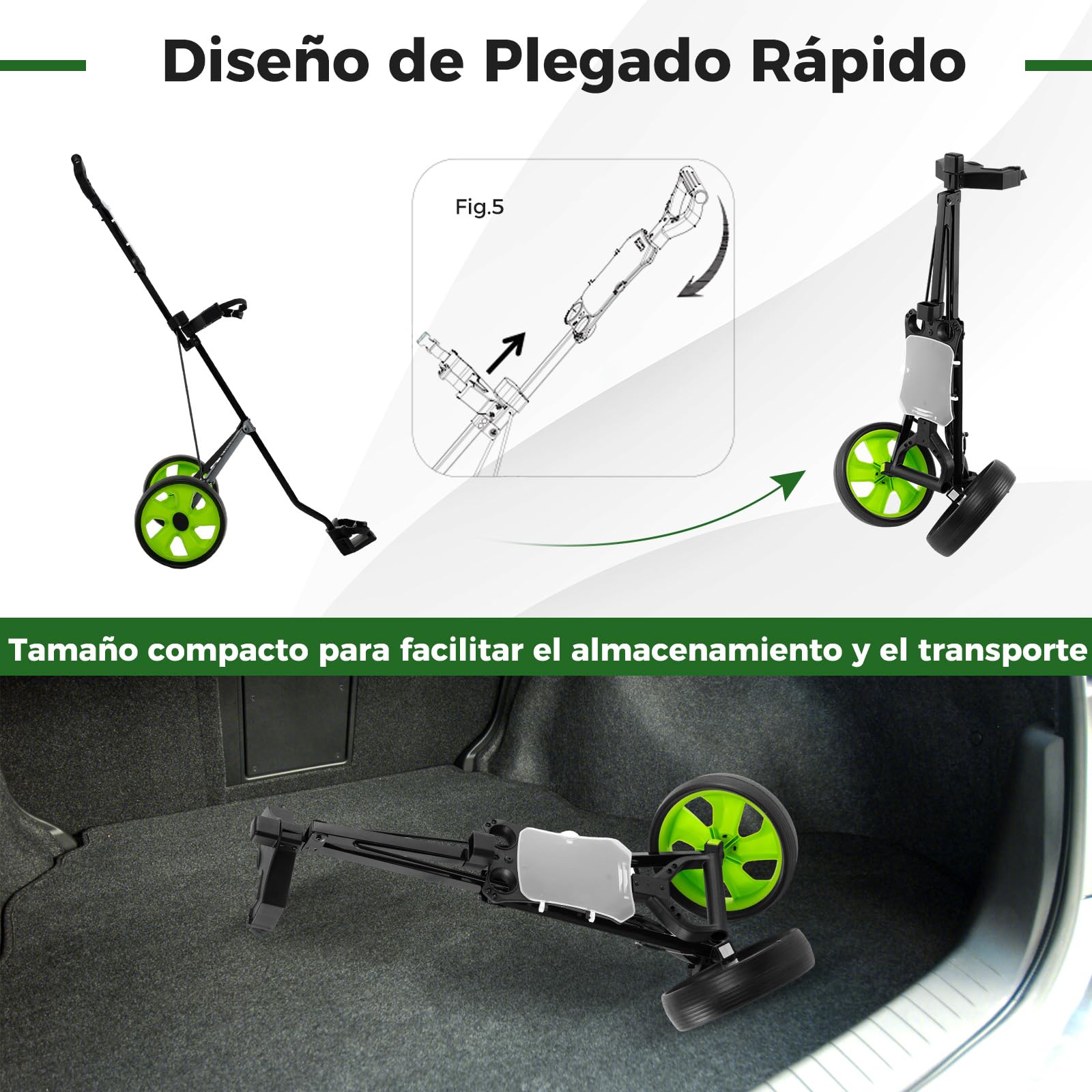 GYMAX Carrito de Golf Plegable 2 Ruedas con Correa Ajustable