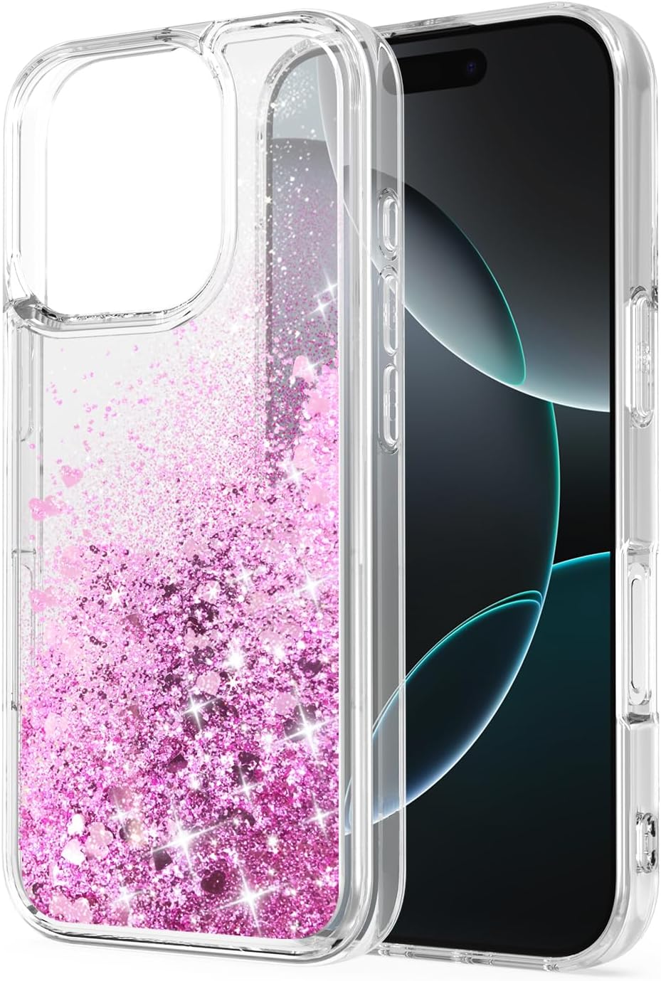 for iPhone 16 pro Case, Bling Flowing Liquid Floating Sparkle Colorful Glitter Waterfall TPU Protective Phone Case 6.3",Rose Gold