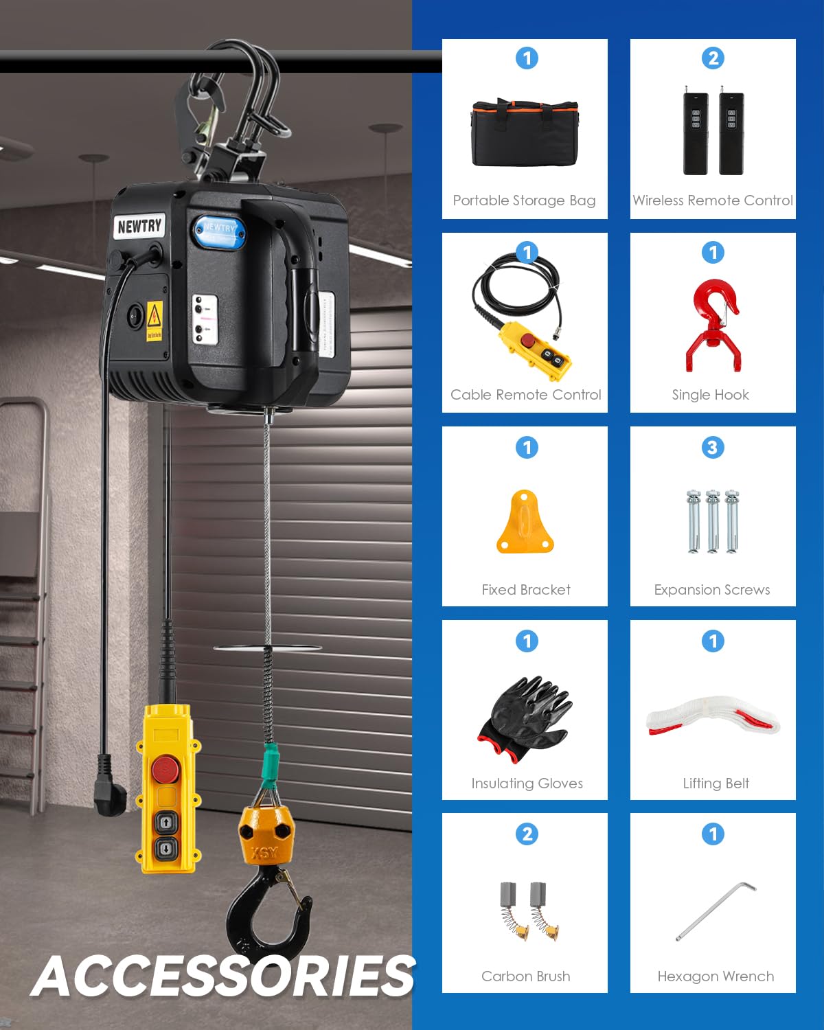NEWTRY 1600W Paranco elettrico 500 kg PRO, con telecomando da 100 m e comando a filo da 5 m, sollevamento massimo di 9 m, ganci doppi più sicuri con istruzioni in italiano