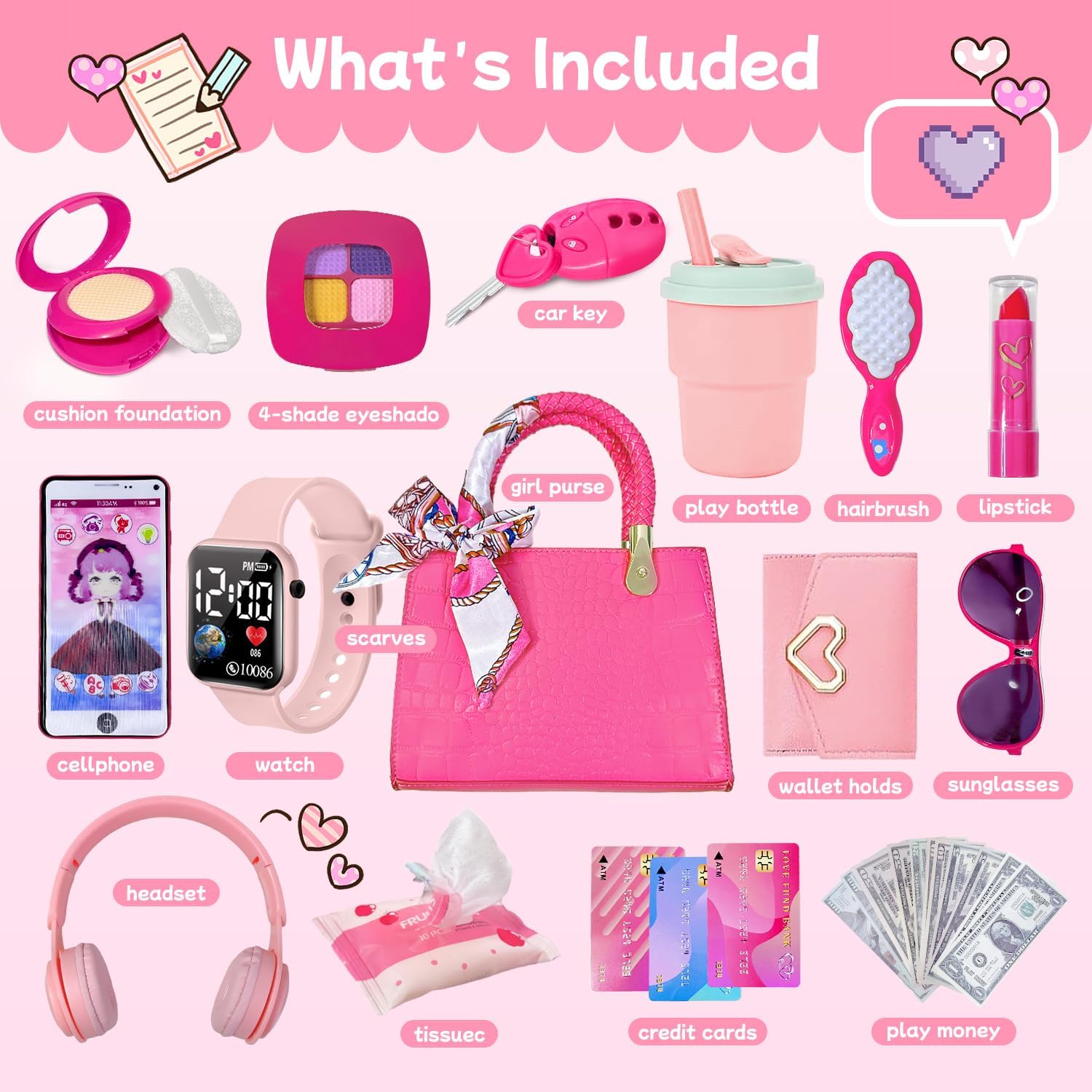 Little Girl Purse with Pretend Makeup for Toddlers, Kids Play Purse Set - Includes Handbag, Pretend Play Headset, Wallet, Phones, Birthday Gift for Girls Age 3+ (Deluxe Purse Set-Hot Pink)