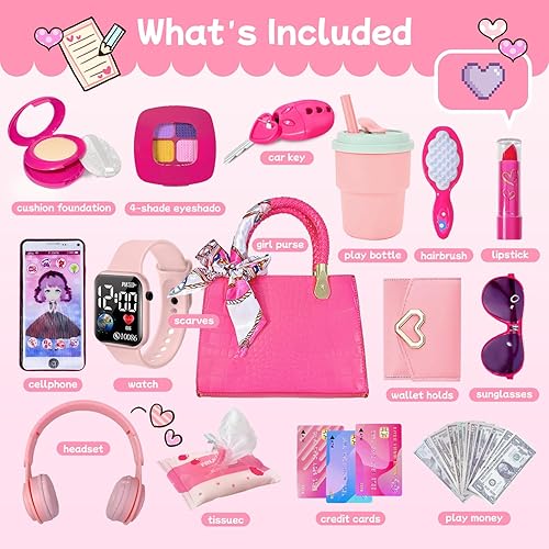 Vista 2 de Bolso para niña con maquillaje de simulación para niños pequeños, juego de monedero para niños, incluye bolso, auriculares de juego, cartera