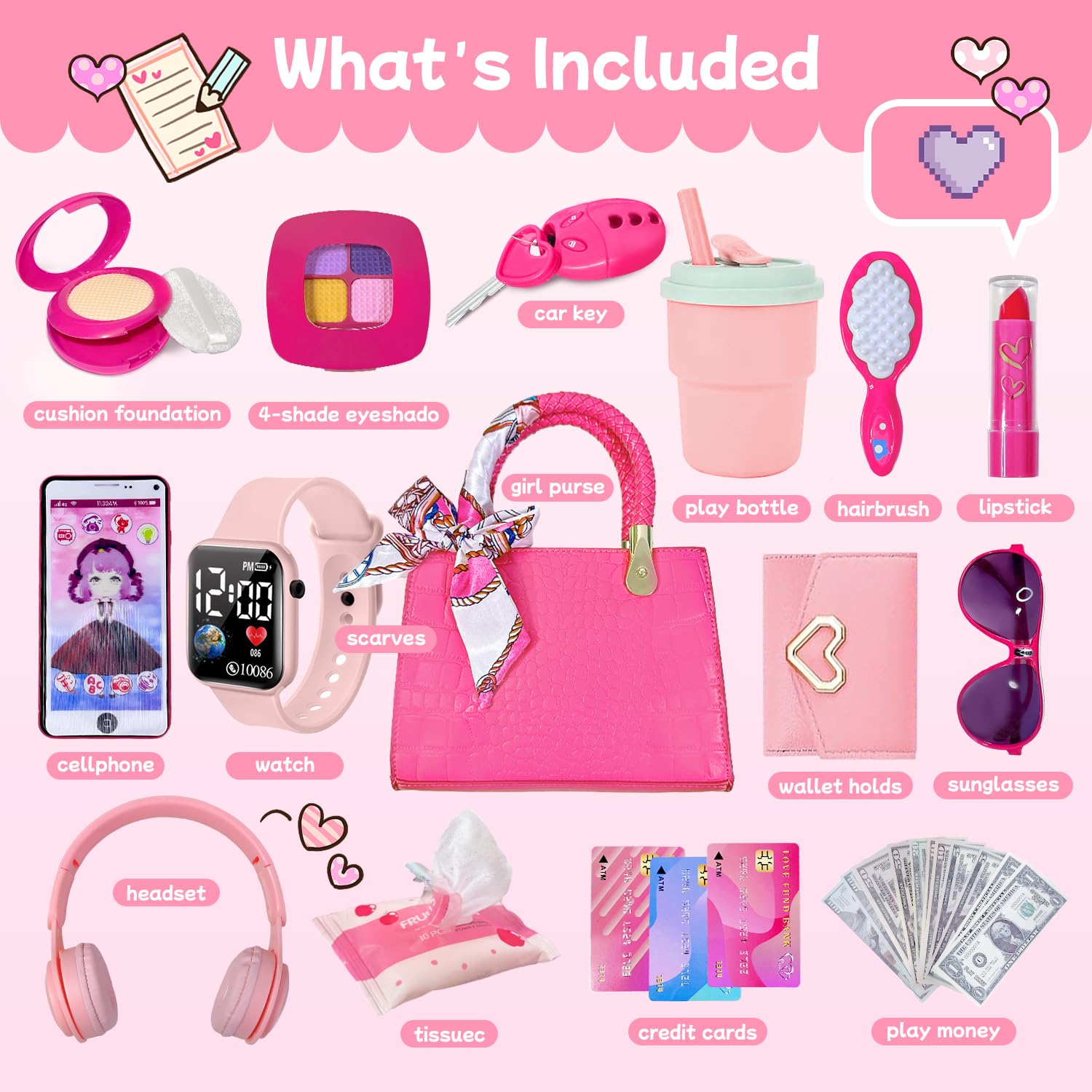 Bolso para niña con maquillaje de simulación para niños pequeños, juego de monedero para niños, incluye bolso, auriculares de juego, cartera, teléfonos, regalo de cumpleaños para niñas de 3 años en 2