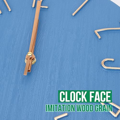 Miniatura 5 de Reloj de pared de 12 pulgadas, silencioso, sin tictac, imitación de madera, reloj redondo azul decorativo, figuras 3D modernas, reloj de cuarzo