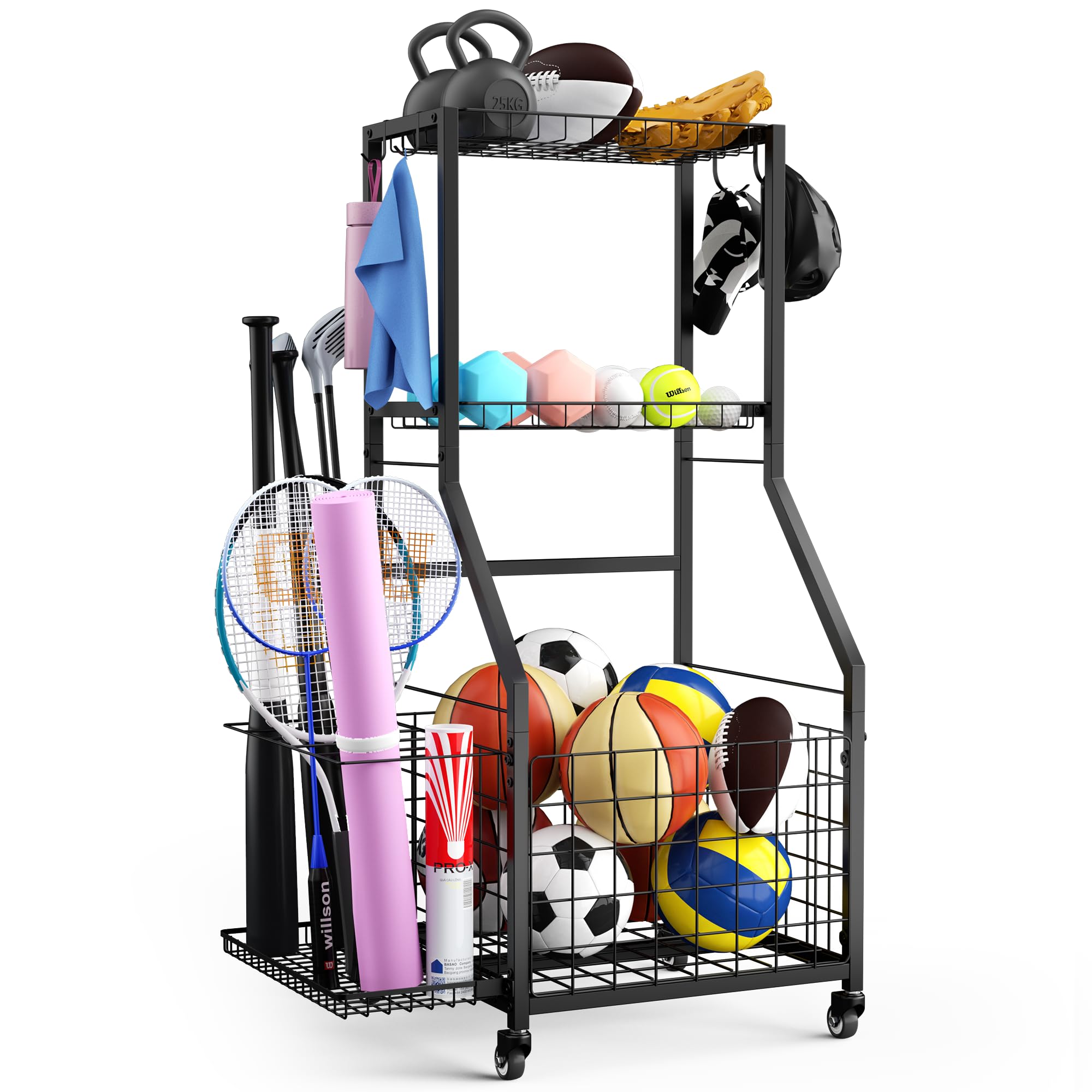 DUDUXI Sports Equipment Garage Organizer,Garage Ball Storage Rack for Sports with Wheels-Upgraded 3 Layers Garage Sports Organizer Rack Outdoor Basketball Racks for Balls with Holder and Hooks