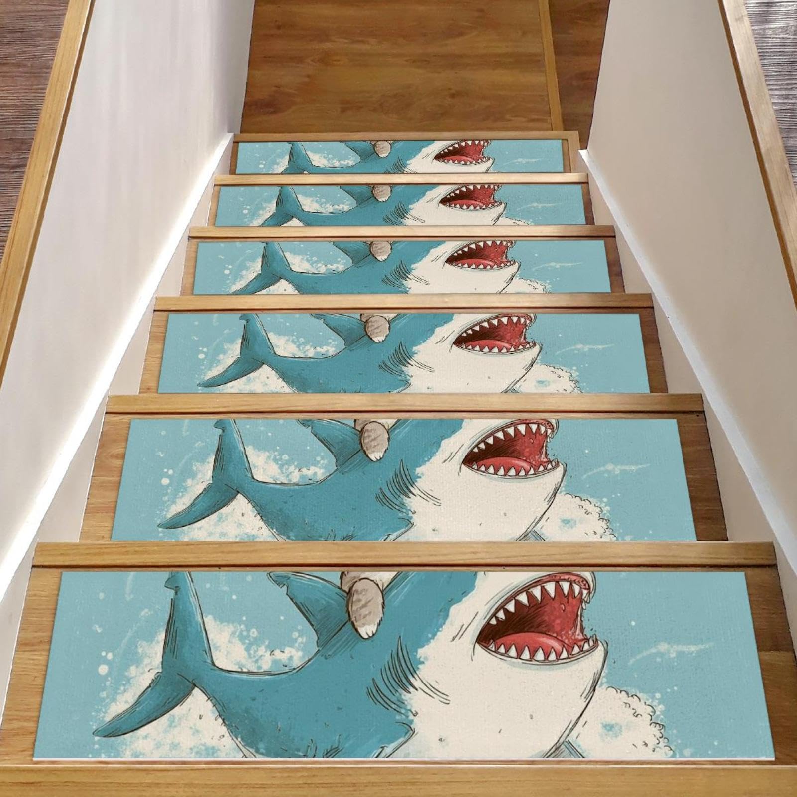 Tapis d'escalier antidérapants chat amusant requin pour escalier bois