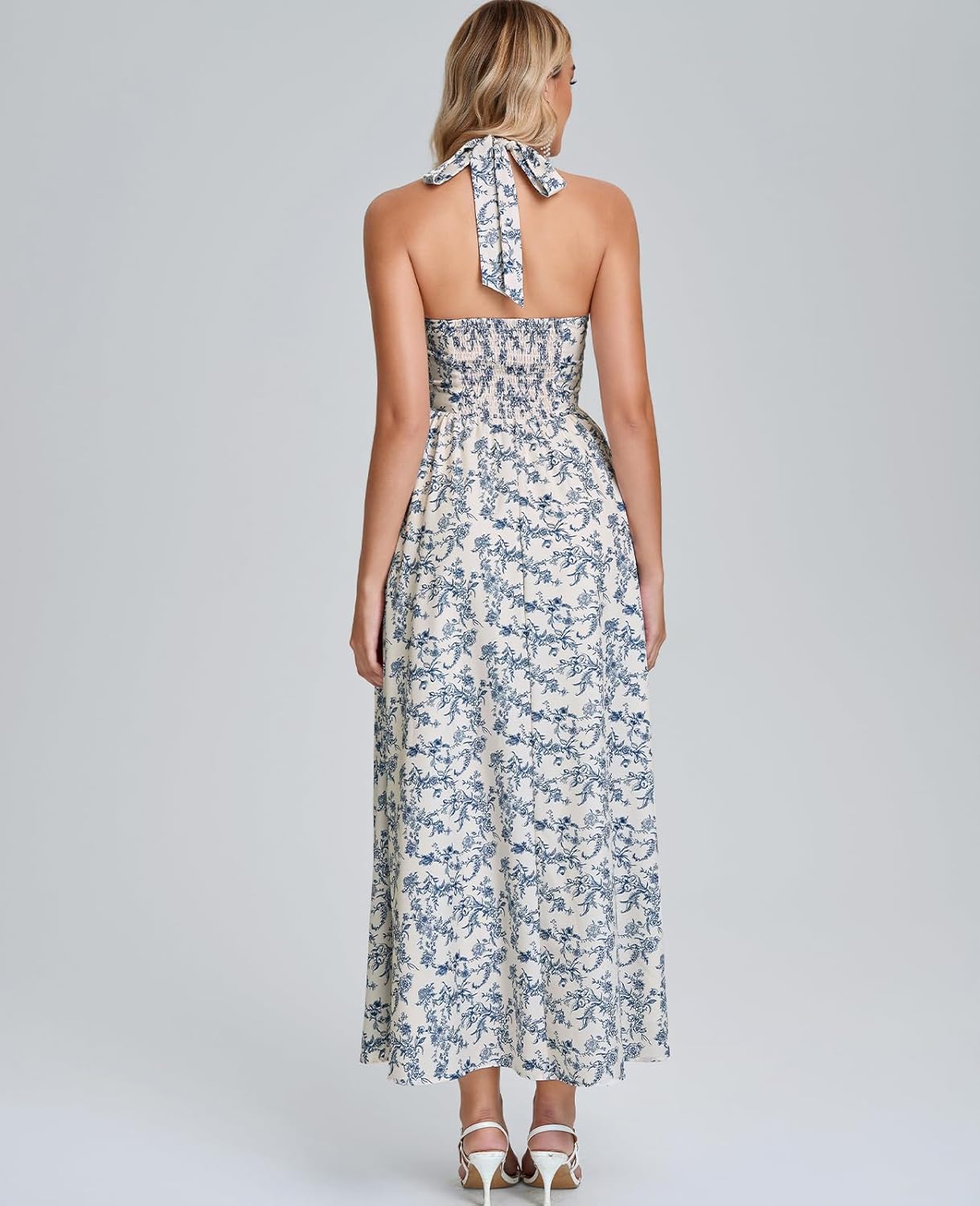 GLNEGE Womens Halter Midi Corset Dresses Spring Summer Wedding Guest Floral Dress Flowy Slit Tea Party Sundress with Pockets