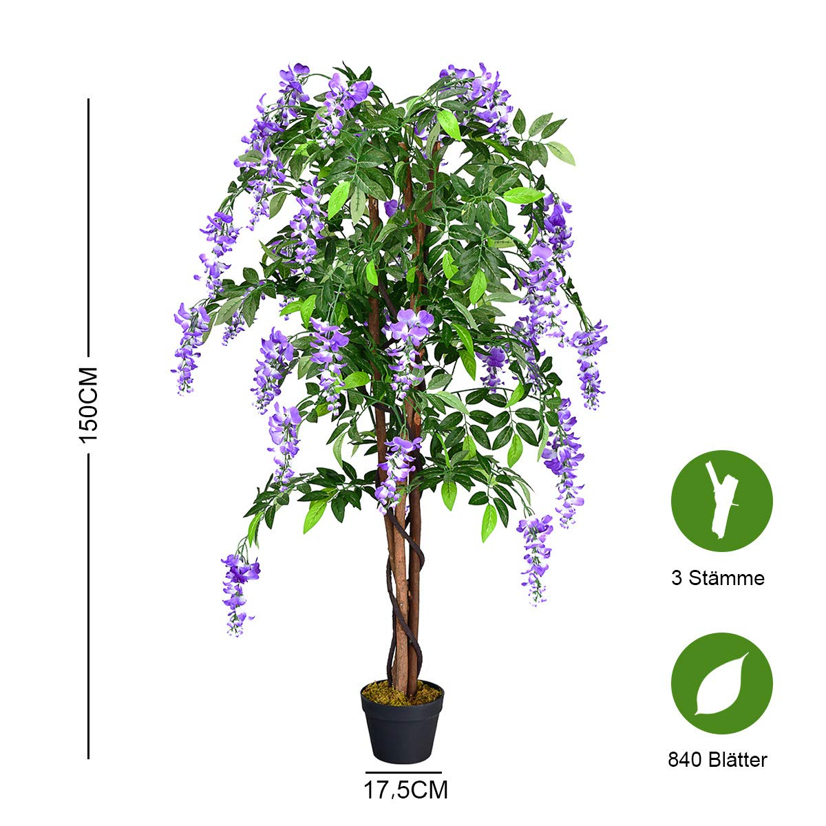 COSTWAY Kunstbaum mit Blüten, Kunstpflanze im Topf, Zimmerpflanze mit natürlichen Blättern & 3 Stämmen, Künstlicher Baum Kunstblume Lila, Dekopflanze künstlich, Grünpflanze 150 cm
