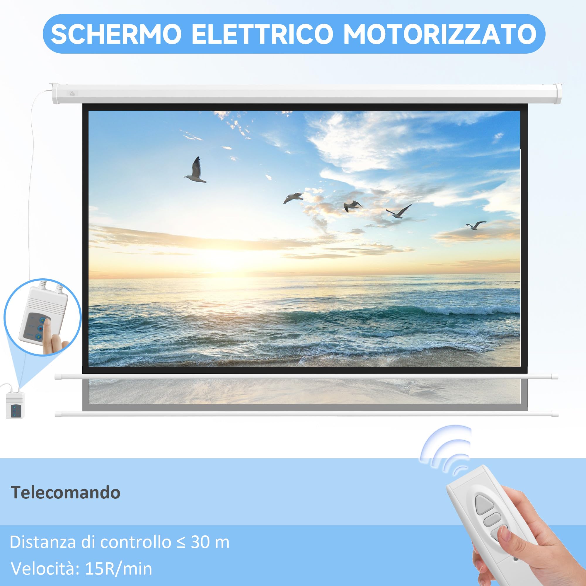 HOMCOM Telo Proiettore Motorizzato da 120 Pollici 4K HD Formato 16:9, Schermo Proiettore Motorizzato Elettrico con Telecomando, Telo Videoproiettore per Casa, Cinema, Ufficio, Home, Esterno, Bianco