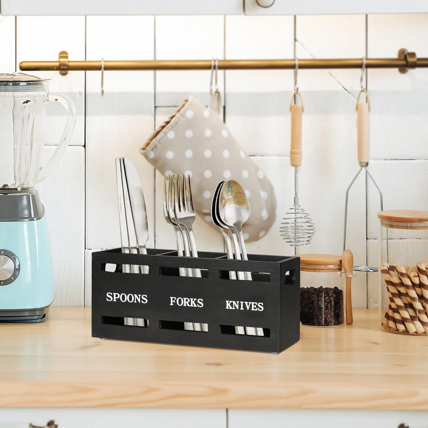 Updesign Wooden Silverware Caddy Flatware Cutlery Holder for Kitchen Countertop, Wood Silverware Organizer Storage Containers with Double-sided Printing, Kitchen Utensils Holder with 3 Compartments