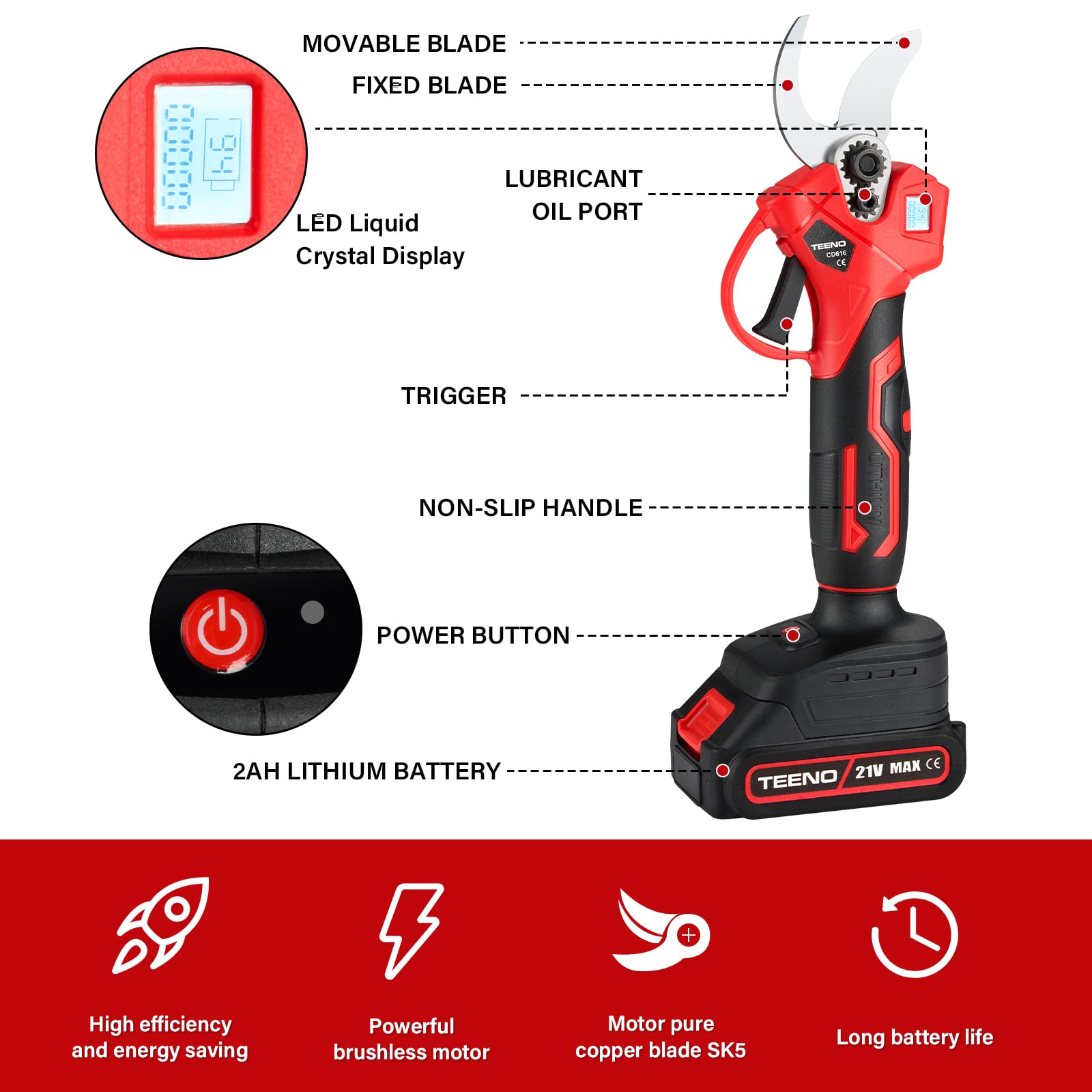 TEENO Tijeras de Podar Electricas Inalámbricas 30MM con LCD,Motor sin Escobillas, 2 * 2000mAh baterías,Tijera para Jardinería Podadora Adecuada para Jardines, Ramas,Huertos (Dos pilas)