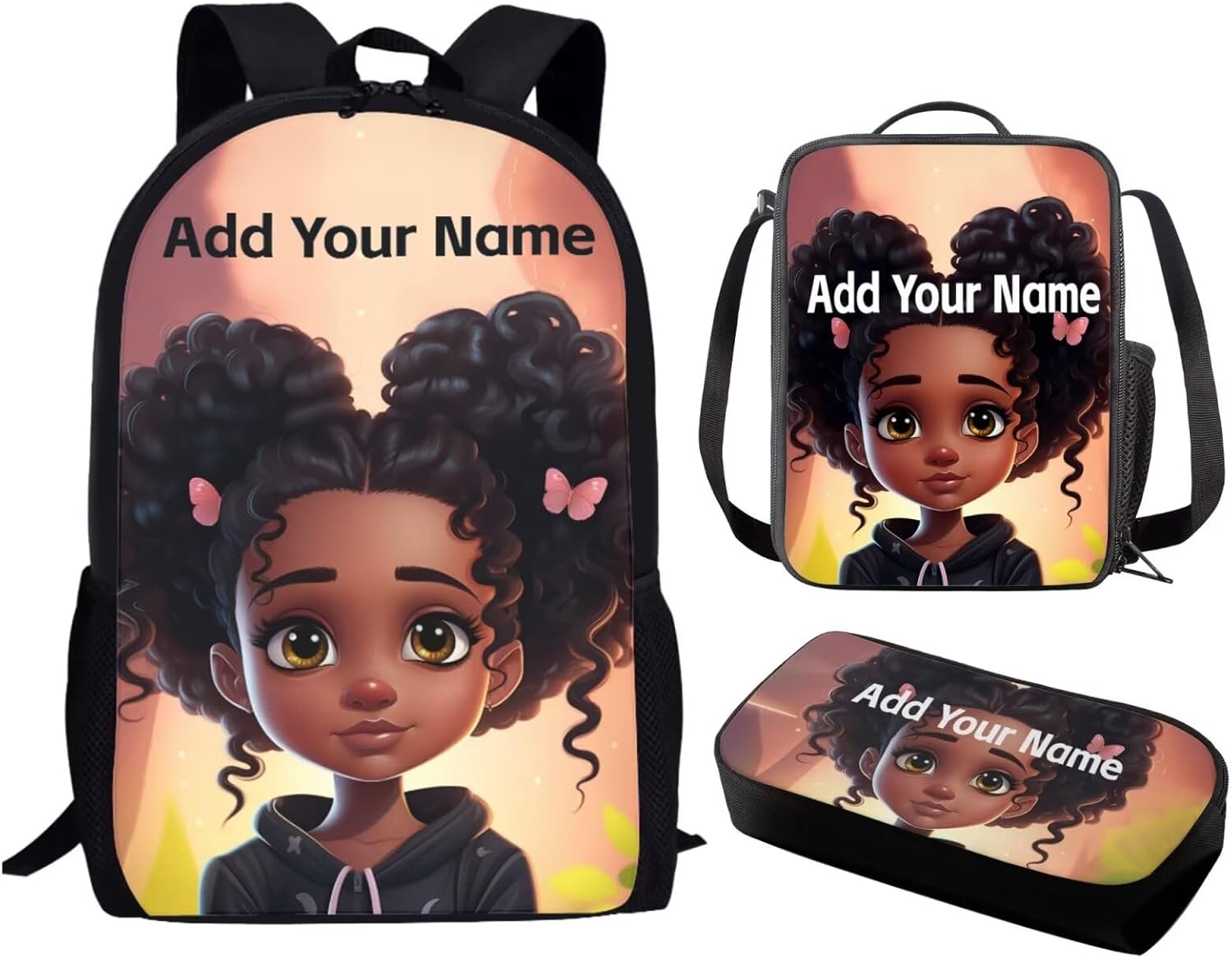 Custom Name Backpack for Boys Bookbag Lunch Bag 1 Grade/2Nd Grade Personalized School Bag Lunch Box Pencil Case Afro Back Pack Lunchbag African Black Kids School Daycare Bag