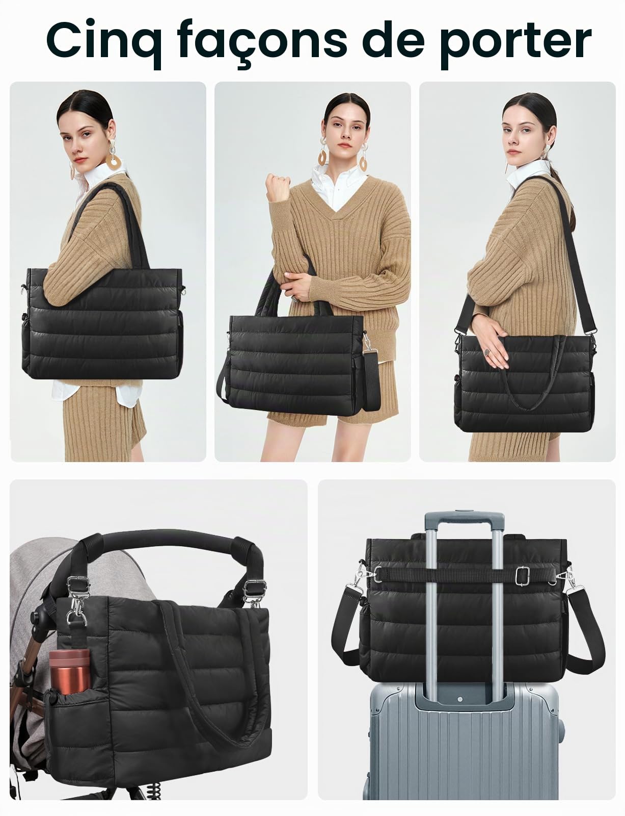 KUBYA Grand sac à langer bébé, sac fourre-tout bandoulière, avec étui tétine silicone