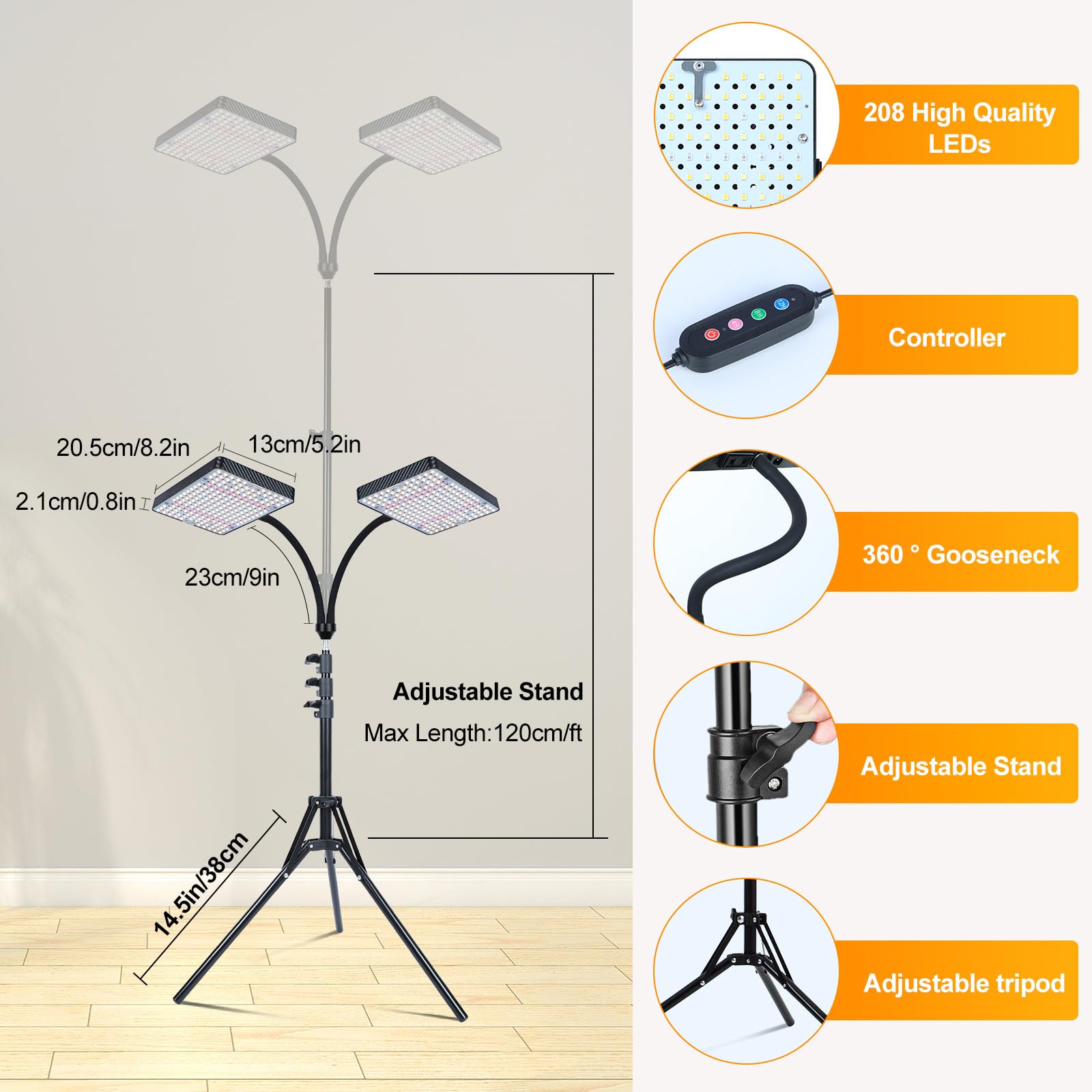 2-głowicowa lampa do uprawy ze stojakiem 50 W do roślin domowych