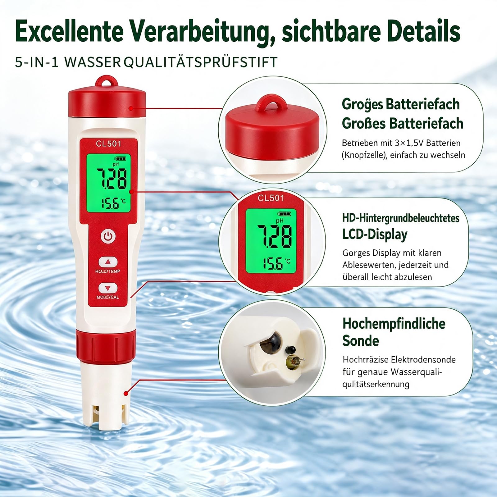 ph und chlor messgerät pool, pH Messgerät Wasser, chlortester pool digital 5 in 1, pH Chlor ORP H2 Temperatur messbar, water tester für Pools Hydrokultur Aquarien Trinkwasser
