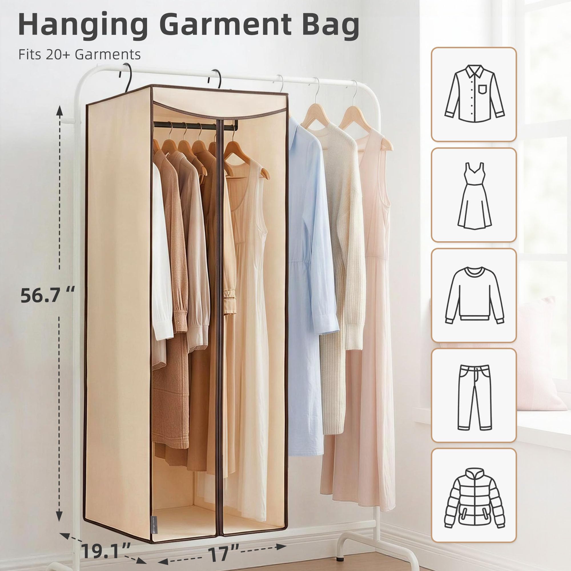STORAGE MANIAC Kleidersäcke zum Aufhängen, 145 cm lang, für Kleiderschrank, große hängende Kleidertasche für Kleider, Anzüge, Mäntel, Reißverschlussabdeckung mit versiegeltem transparentem Fenster