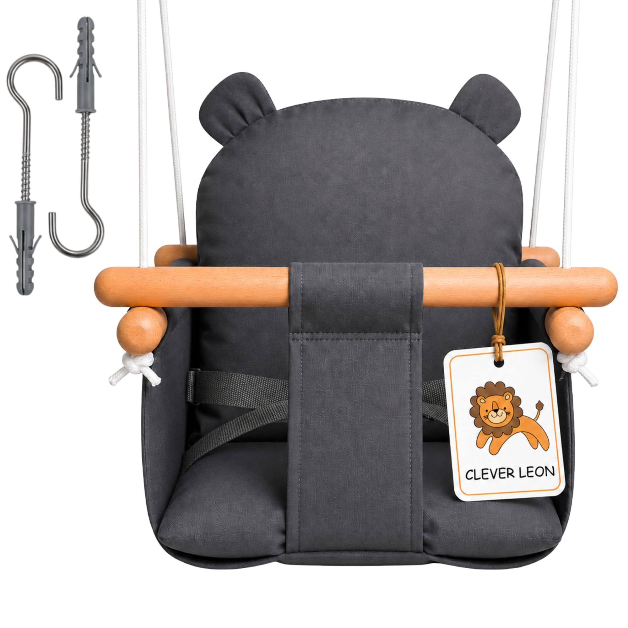 Columpio para bebés y niños pequeños, 100% algodón y madera de haya, con cinturón de seguridad, altura regulable, hasta 30 kg, diseño de oso, color gris