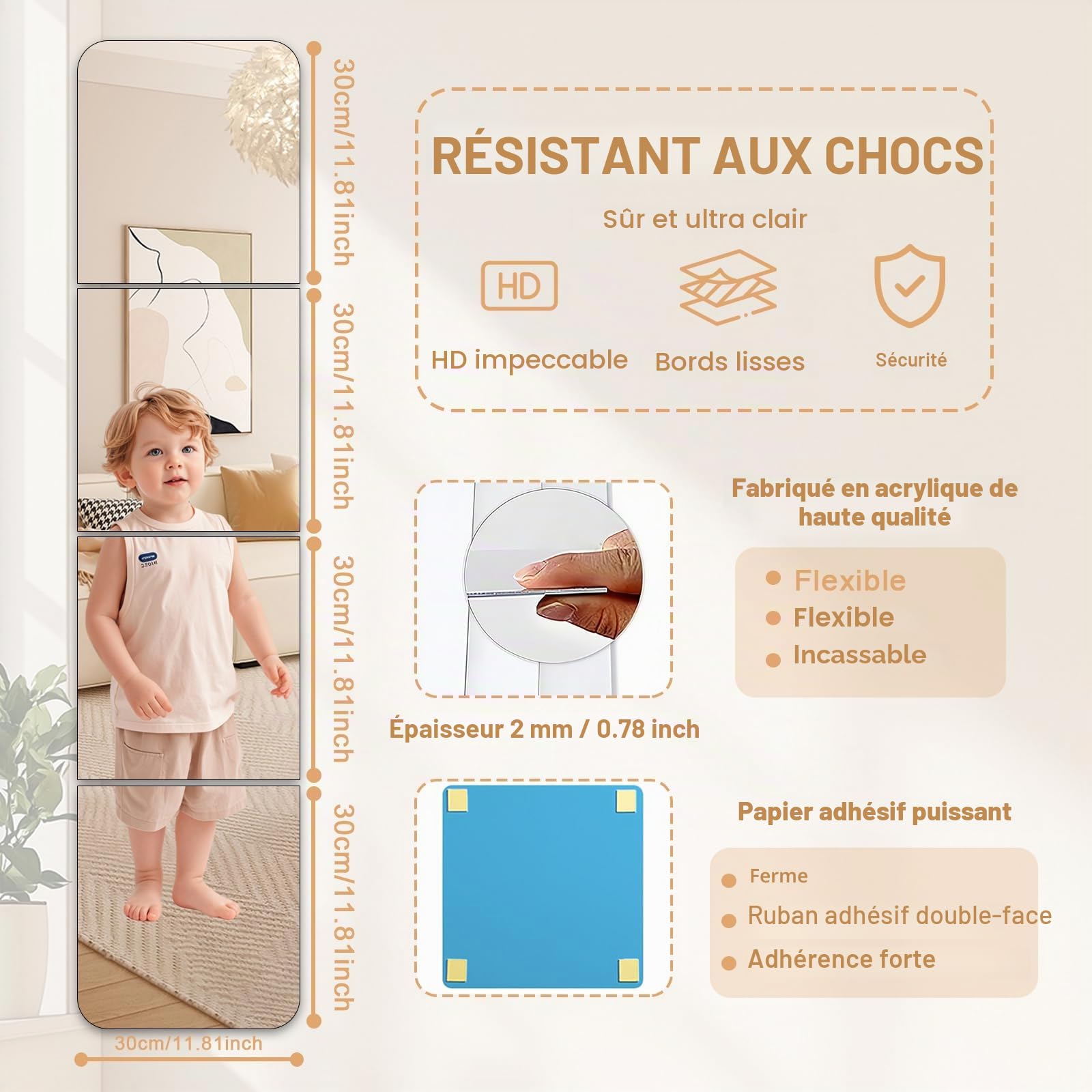 4 Pièces Miroir Mural Adhésif 30 X 30 cm, Miroir Acrylique Incassables Sûr pour Enfants, Grand Miroir Mural Autocollant HD Décoratifs Miroir Adhesif Flexible pour Salle de Bain, Porte, Chambre