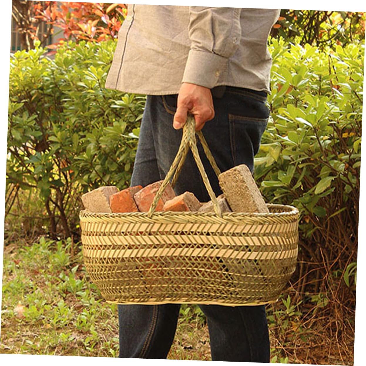 Vegetable Basket with Ergonomic Handle for Fruit Egg and Snack Storage Small Woven Kitchen Basket for Farmers Market Food Gathering and Home Organization Random Color