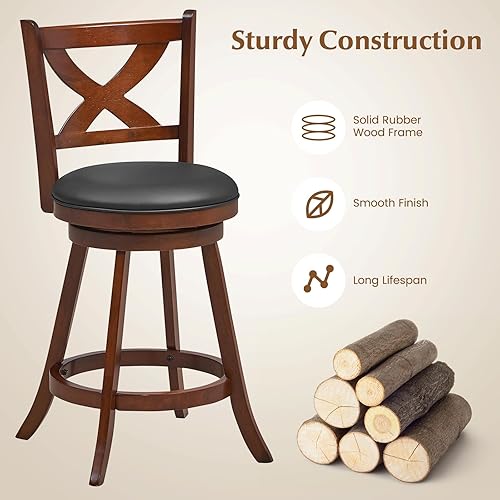 Miniatura 6 de COSTWAY Juego de 2 taburetes de bar, sillas clásicas de altura de mostrador de 24 pulgadas con respaldo abierto en forma de X, juego de 2 taburetes