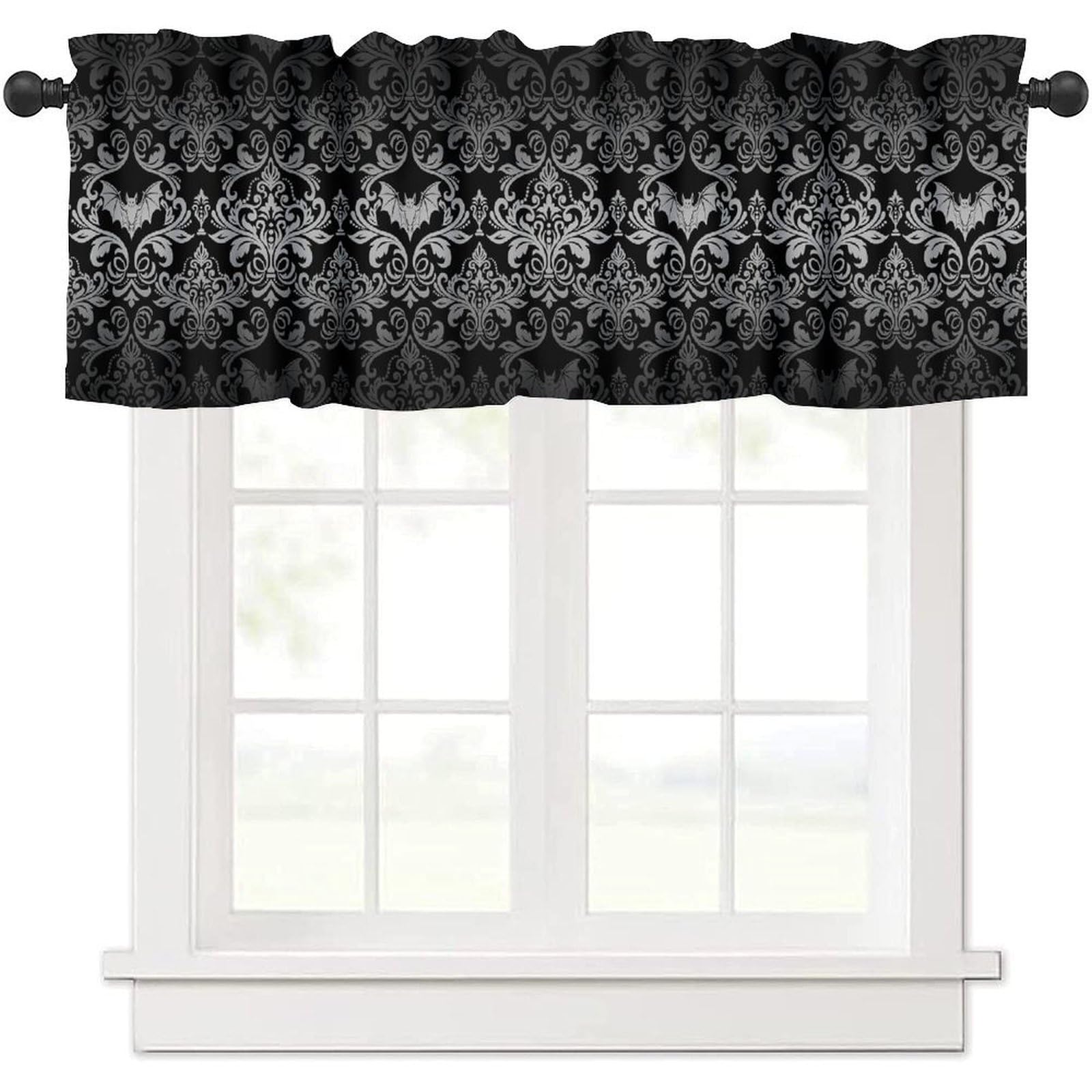 moderw Damask Gothic Window Valance Curtains Vintage Floral Antique Victorian Goth Window Treatments Bat Bats Skulls Bone Bohemian Baroque Valance Curtain for Living Room Kitchen 54x18inch