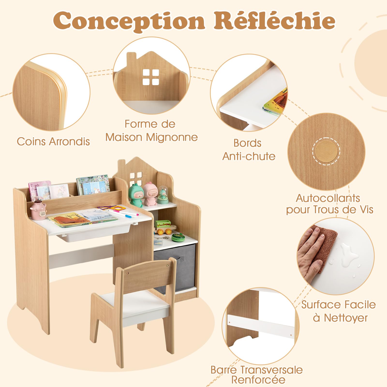 COSTWAY Bureau Enfant Garçon Fille avec Chaise & 2 Compartiments, Table Enfant avec Tiroir & Bac de Rangement en Tissu, Étagères Ouvertes, Table à Dessin pour 3 Ans+, Charge 20/50kg